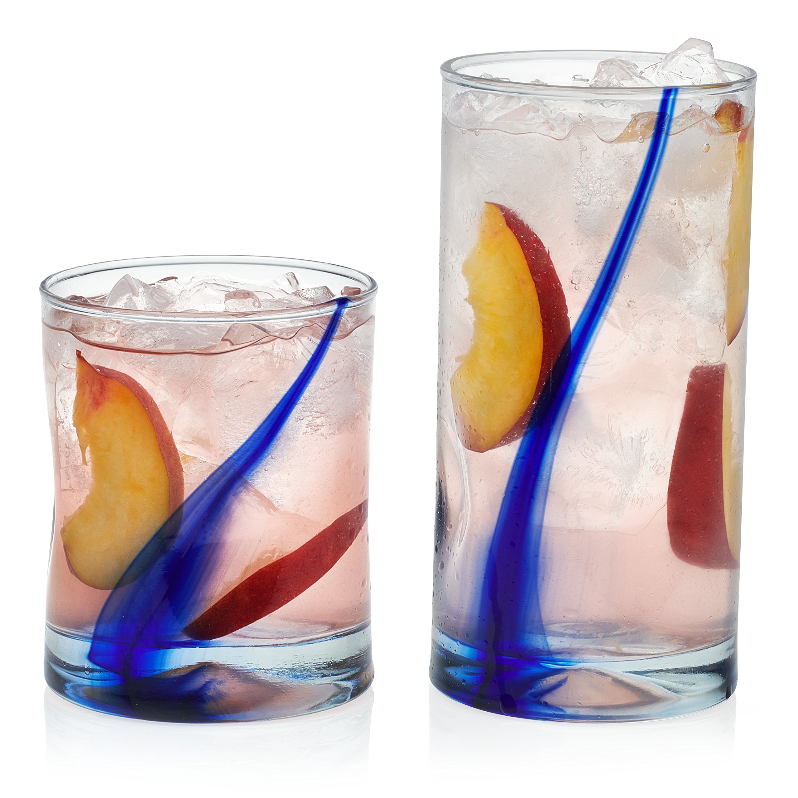 Libbey 99104 Blue Ribbon 16-Piece Glassware Set - Clear Tumbler & Rocks Glasses, Dishwasher Safe Drinkware for Cocktails, Iced Coffee & Entertaining