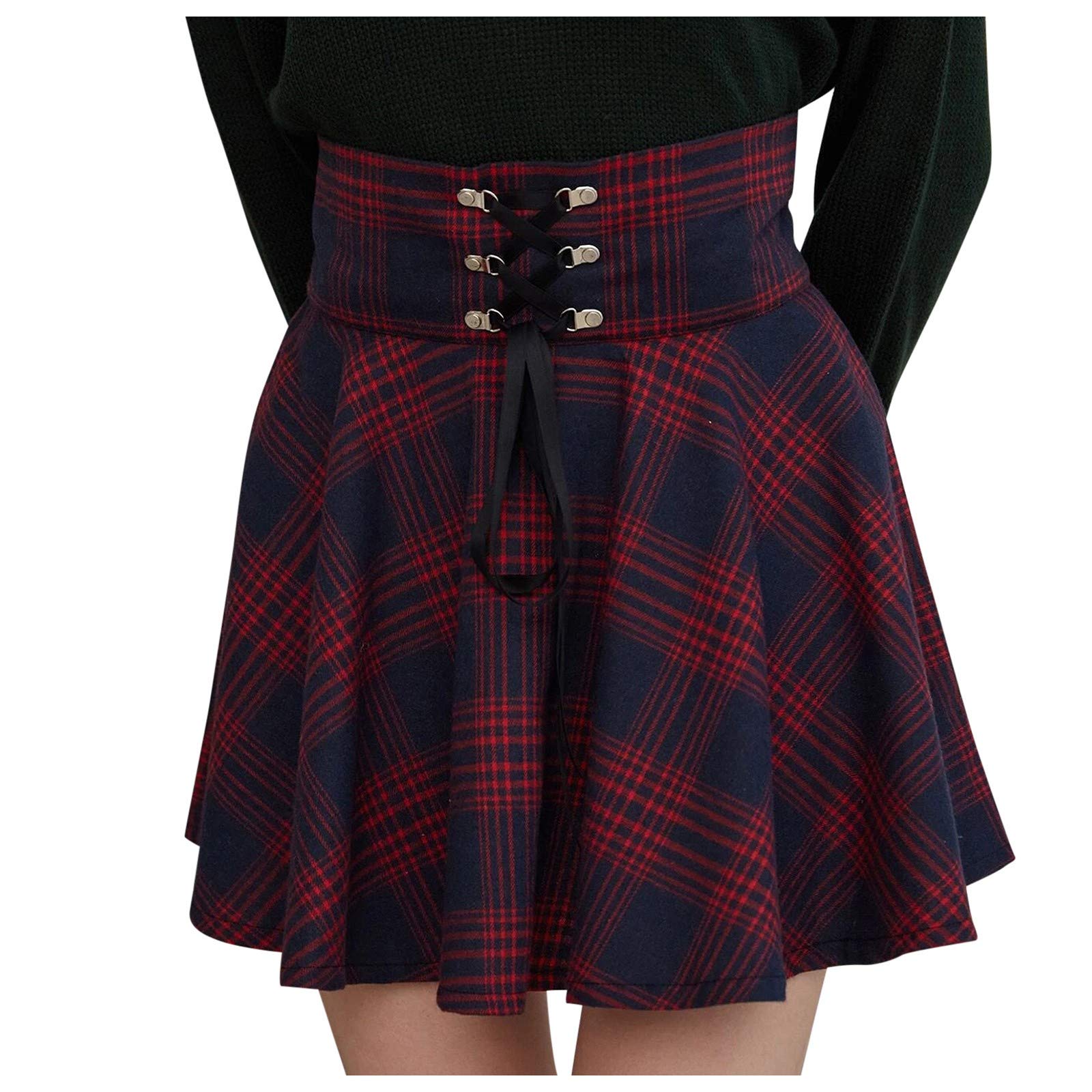 Vintage Tartan Plaid Pleated Mini Skirt for Women - Lace-Up Waist Skater School Uniform Short Skirt | Perfect for Casual Outfits, School Uniforms & Retro Fashion Styles