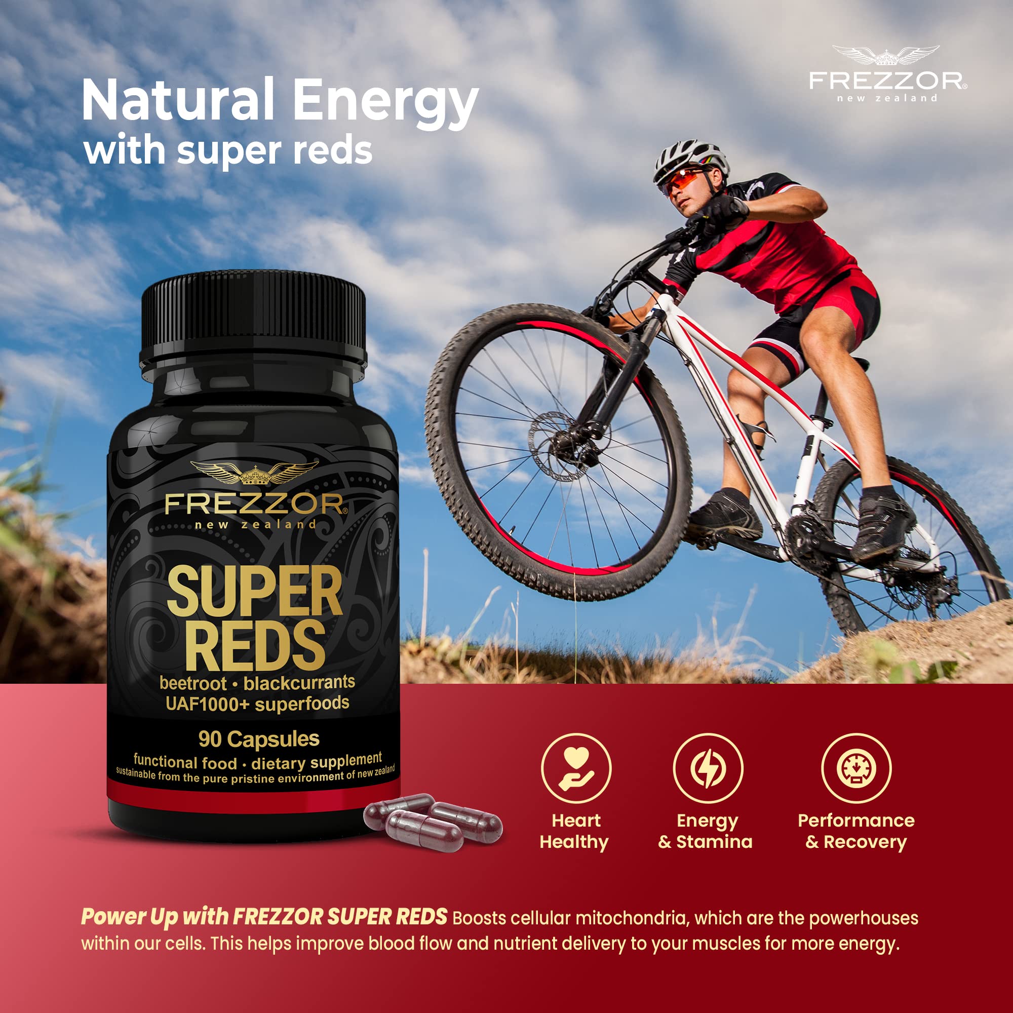 FREZZOR Super Reds Capsules with UAF1000+ | All-Natural New Zealand Red Superfood Energy Supplement | Antioxidant Rich Blend of Red Fruits, Vegetables & Beets | 360 Capsules (4 Bottles) | Boost Energy & Vitality for Active Lifestyles