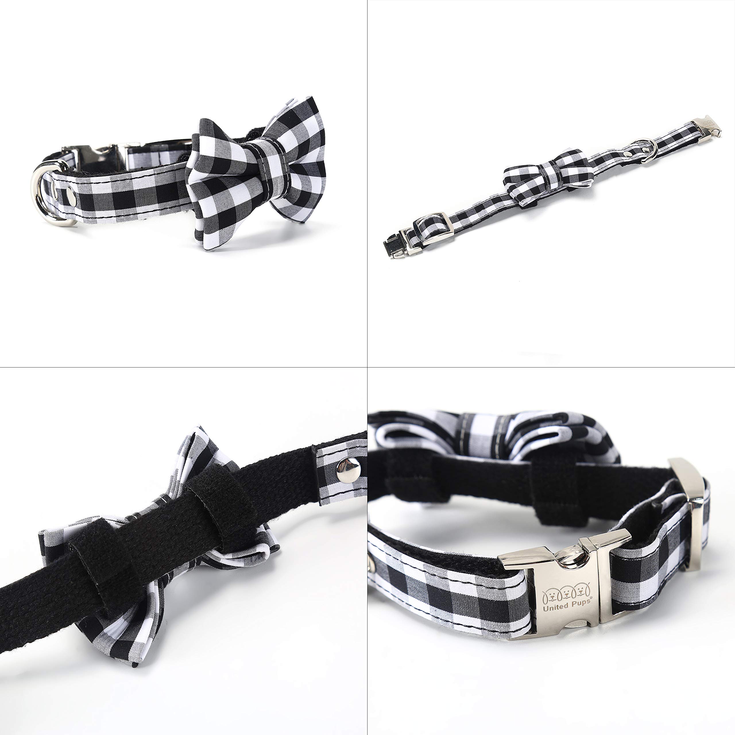 United Pups Black Gingham Plaid Dog Collar with Bow Tie & Leash Set - Small Size for Puppies | Perfect for Pet Fashion, Special Occasions & Daily Walks