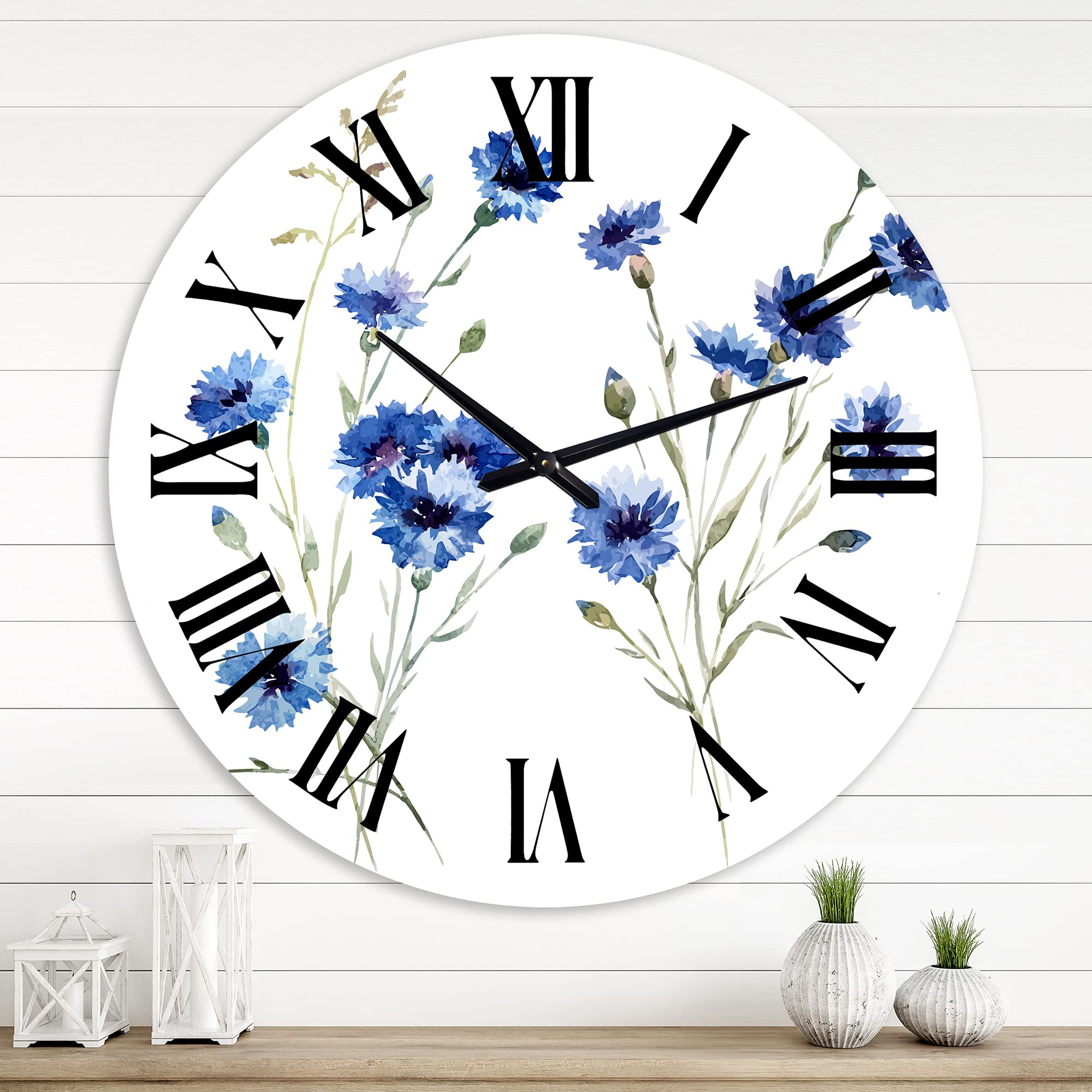 Blue Cornflowers with Green Leaves Wall Clock - Large Traditional Floral Decor for Living Room, Bedroom & Office | Silent Non-Ticking Home Décor