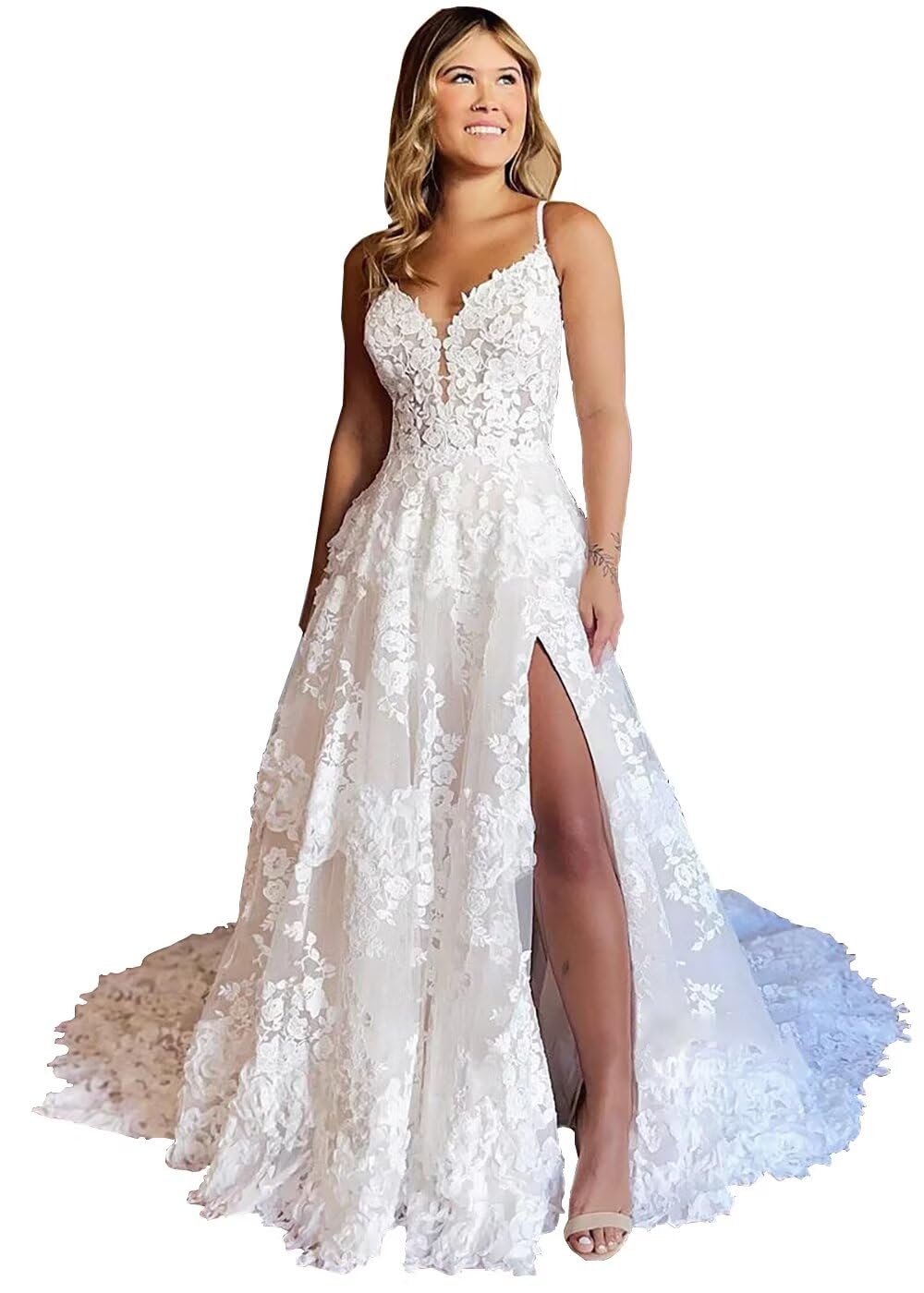 2024 Women's Lace Applique Tulle Beach Wedding Dress with Spaghetti Straps & Slit – Elegant Bridal Gown for Beach Ceremony, Destination Weddings & Romantic Photoshoots