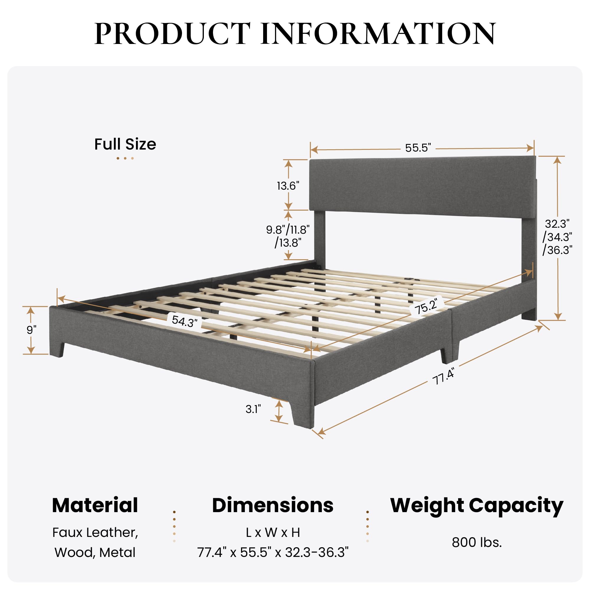 Full Size Platform Bed Frame with Adjustable Headboard & Wood Slats - No Box Spring Needed - Dark Grey Fabric Upholstered Modern Bed - Easy Assembly for Bedroom, Guest Room, Dorm