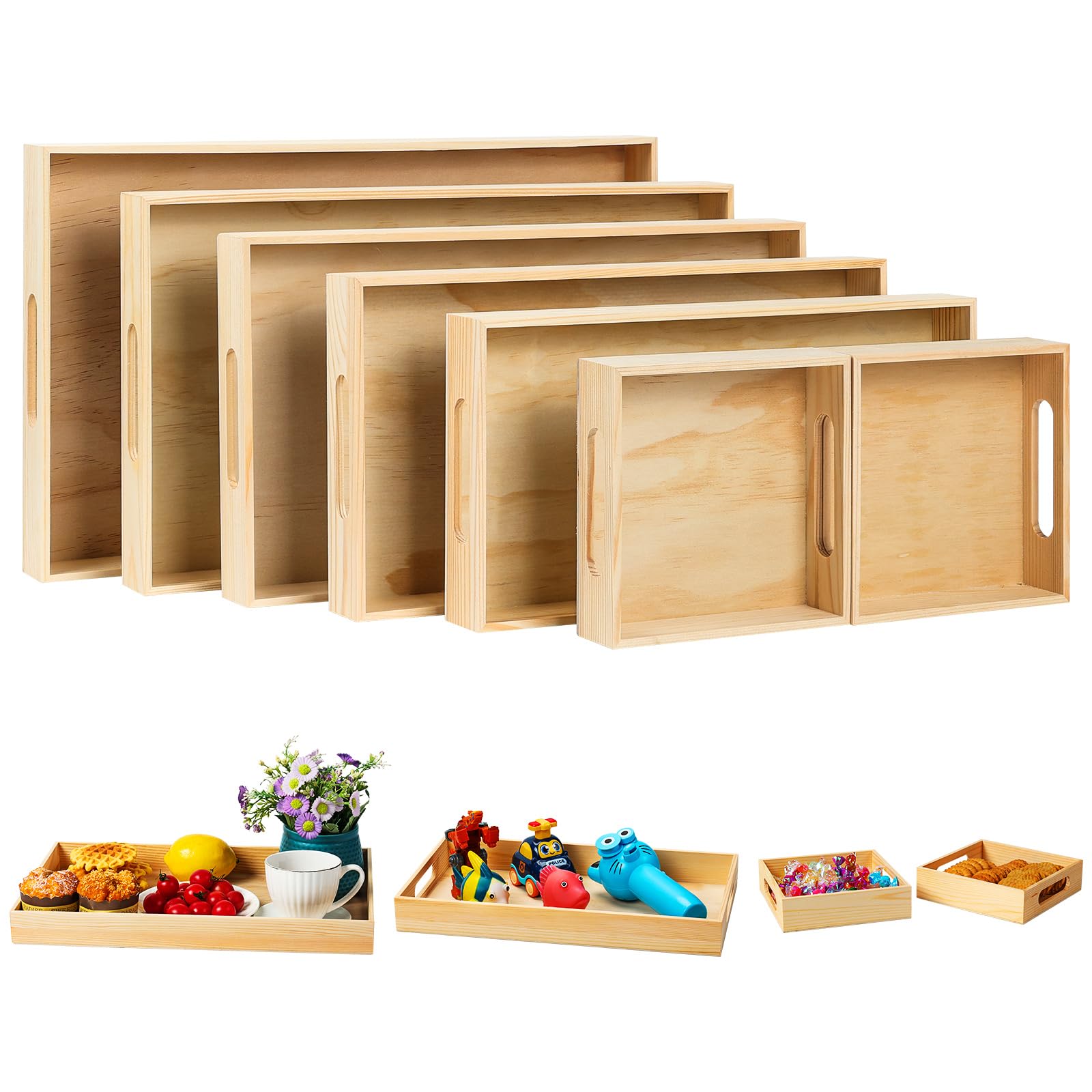 PONGJA 7-Piece Unfinished Wooden Serving Trays with Handles - Natural Wood Nested Breakfast & Snack Trays for Crafts, Montessori, Home Decor, Kitchen, Party & Dinner - Perfect for Kids' Activities, Entertaining Guests & Stylish Food Presentation