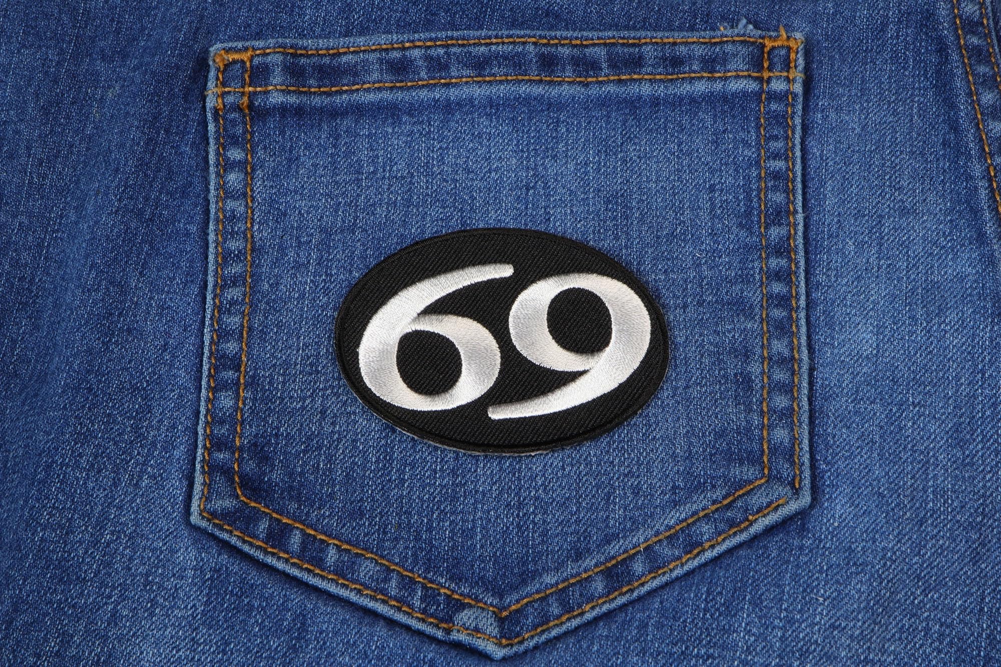 69 Iron On Patch - Embroidered Custom Patch for Jackets, Hats, Bags & DIY Crafts - Durable Sew-On or Heat Transfer Applique for Clothing & Accessories