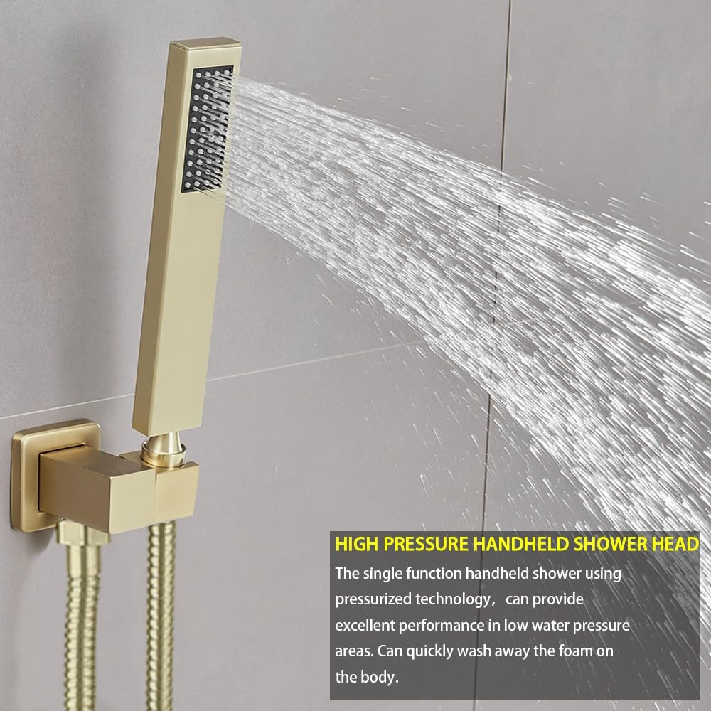Luxury Brushed Gold Shower System - Wall Mounted Rainfall Shower Head Combo Set with Mixer Valve & Trim Kit | Perfect for Modern Bathroom & Spa Experience