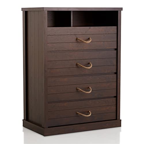 Furniture of America Kelsey 4-Drawer Chest in Vintage Walnut - Solid Wood Dresser for Bedroom, Living Room & Office Storage