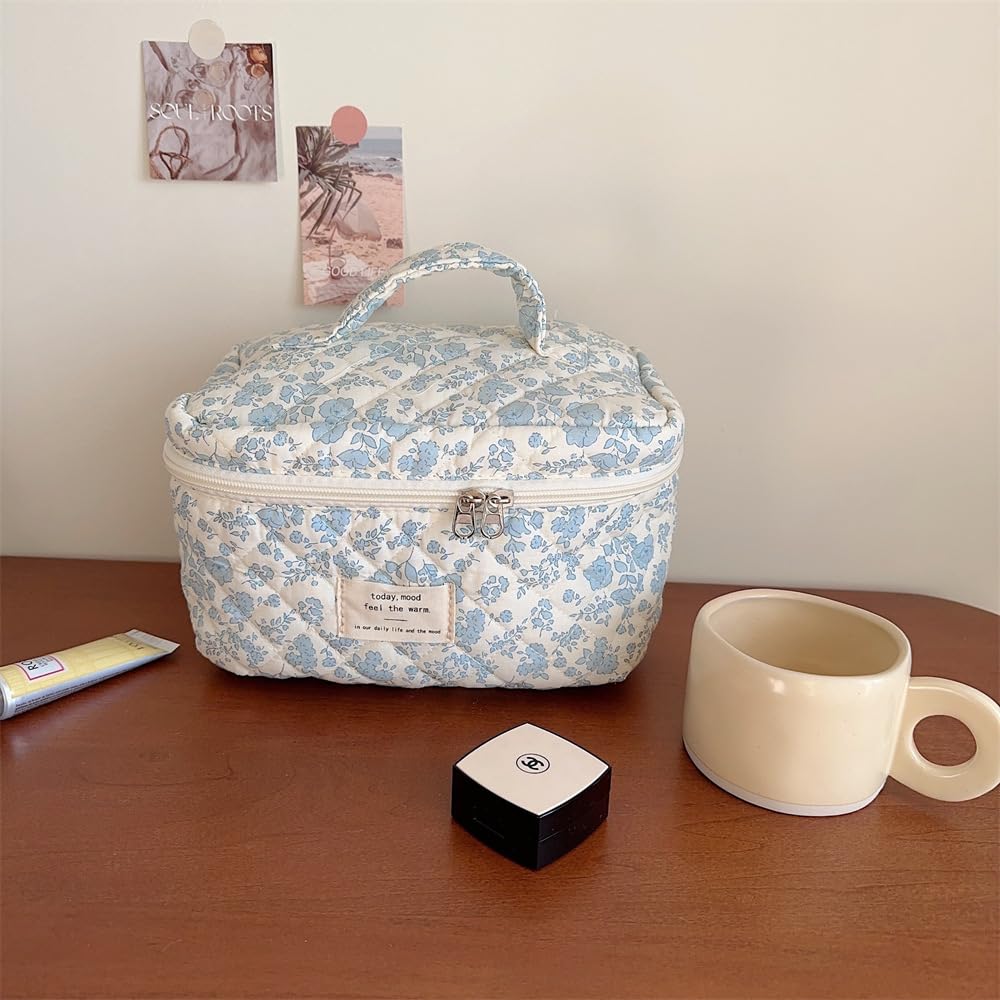 Cute Floral Quilted Makeup Bag Set - 3 Pack Aesthetic Cosmetic Organizer for Travel, Toiletries & Daily Essentials (Blue Floral) - Perfect for Vacation, Gym & College Dorm Organization