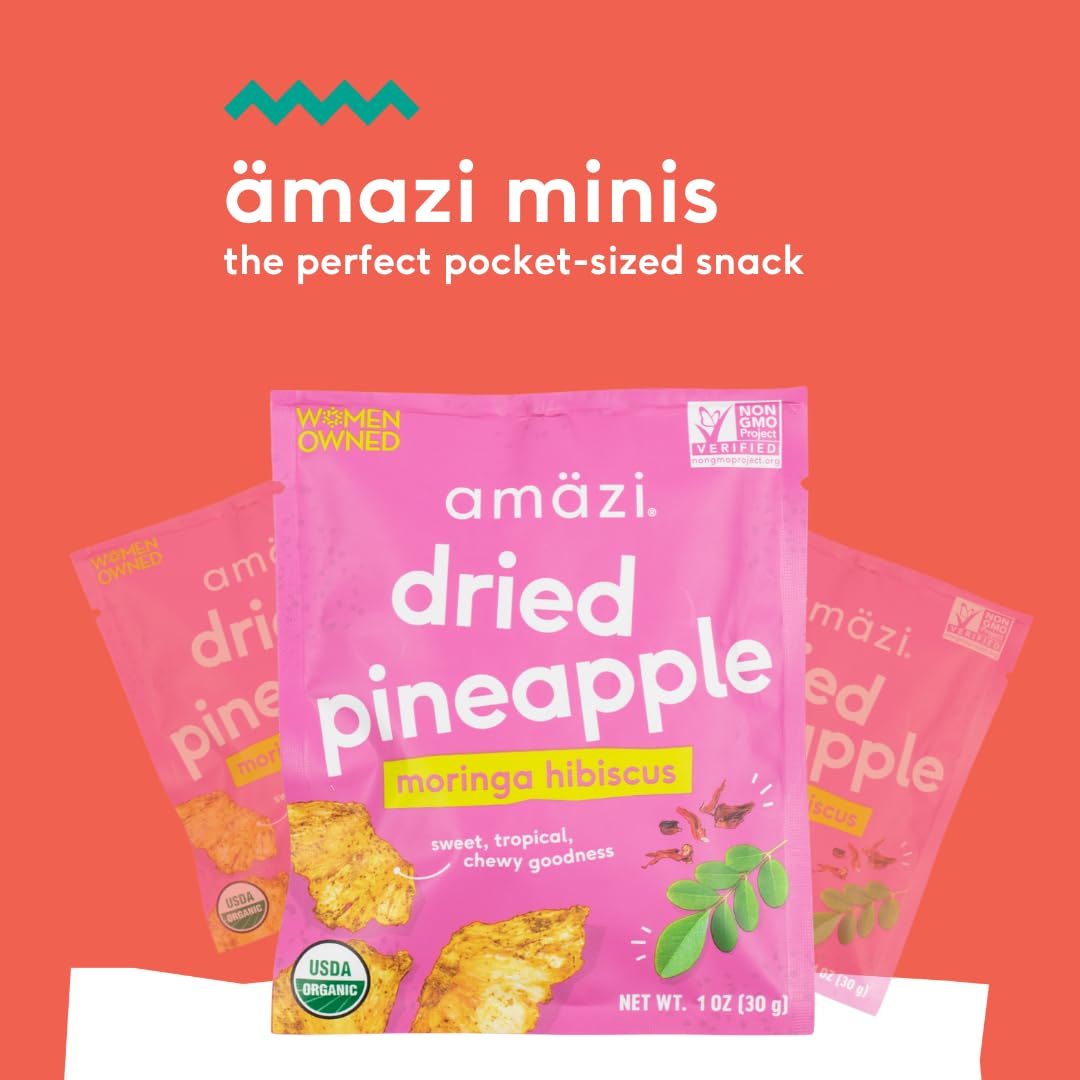 Amäzi Foods All Natural Dried Pineapple with Moringa Hibiscus - 12 Pack | No Sugar Added Dehydrated Fruit Snacks | Perfect for Travel, Hiking & Healthy On-the-Go Eating