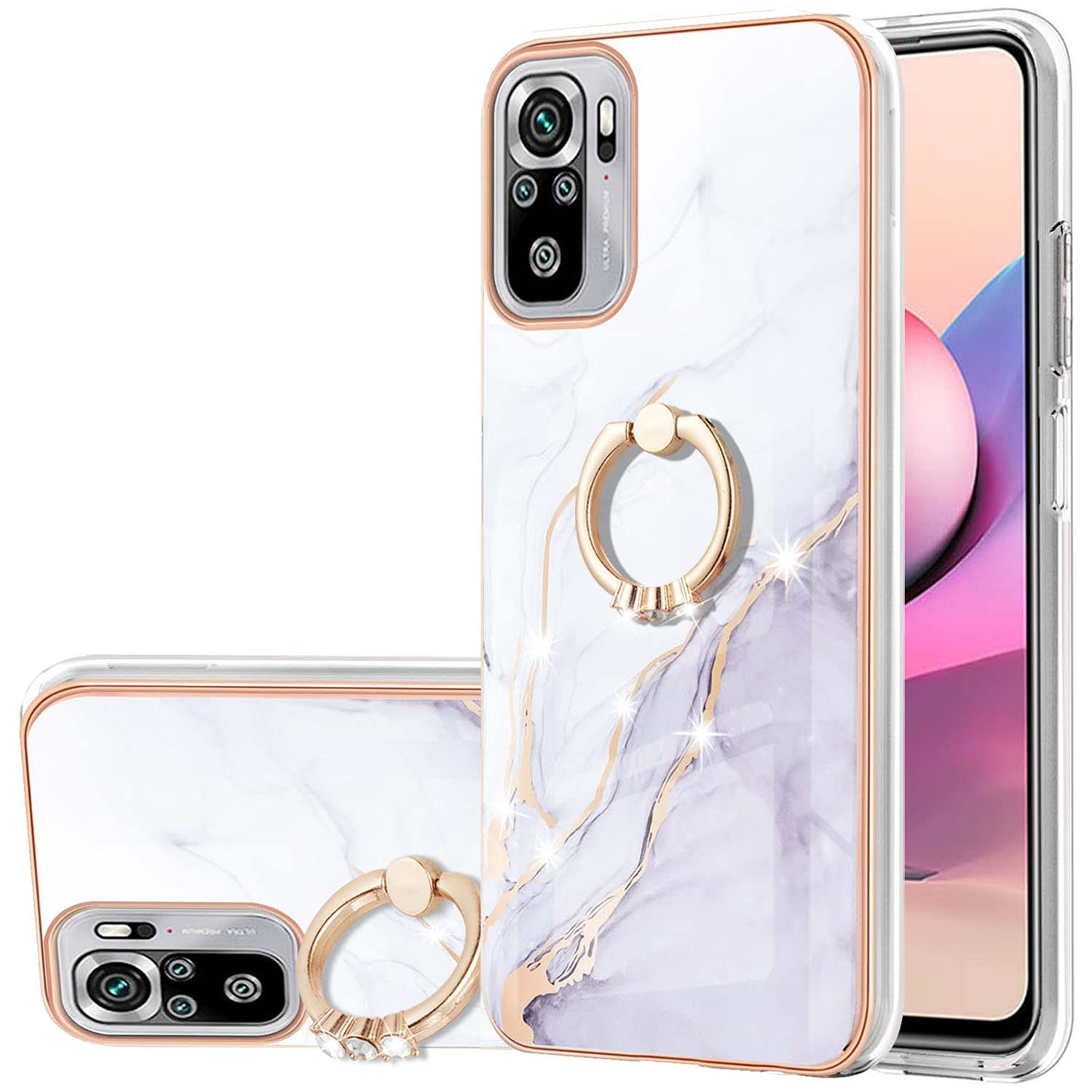 Slim Protective Case for Redmi Note 10 4G/10S - IMD Marble Design with Ring Kickstand, Camera & Screen Protection - Stylish White Cover for Women | Perfect for Daily Use, Work & Travel