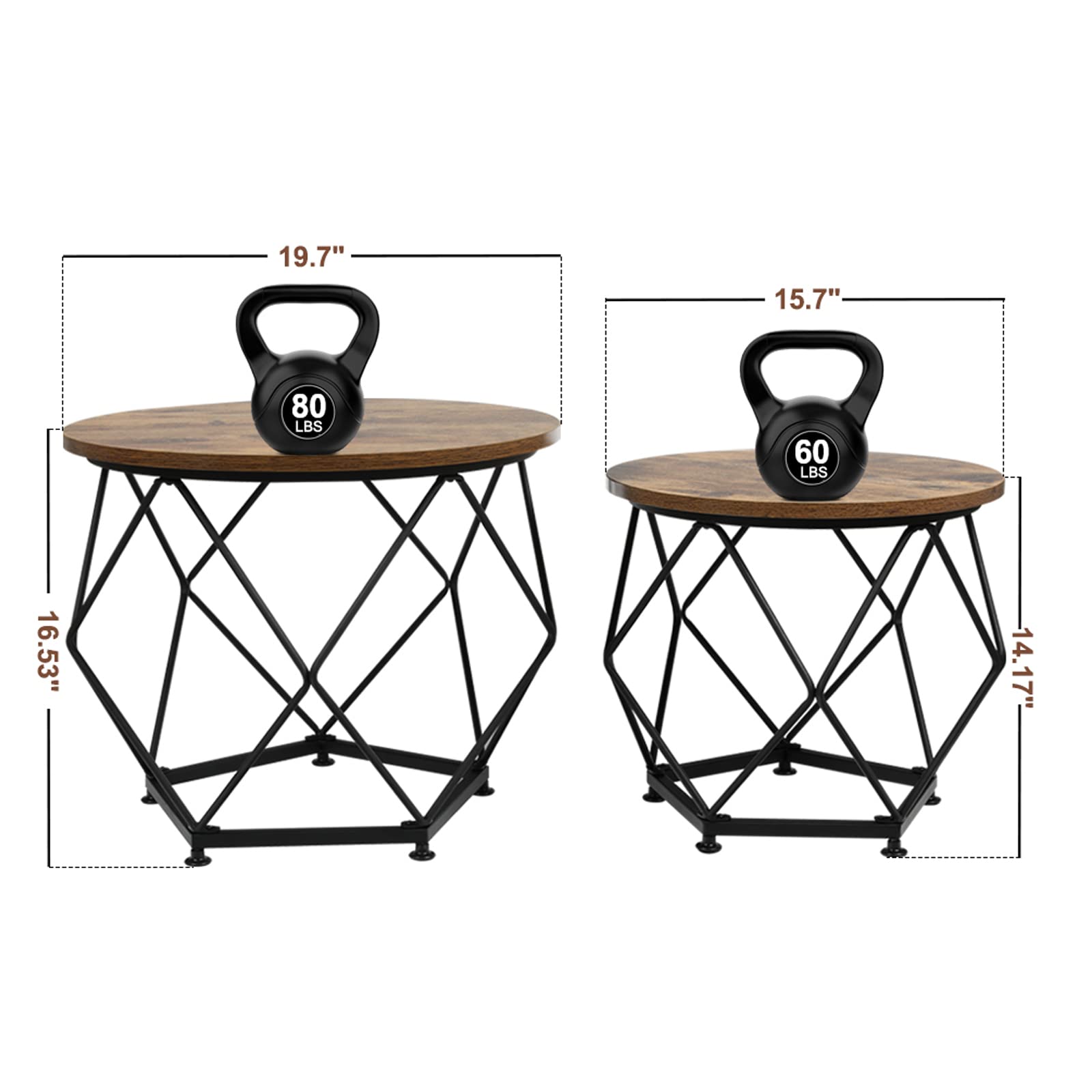 Modern Round Coffee Table Set of 2 - Wooden Top with Metal Frame Side Tables for Living Room, Bedroom, Home Office - Rustic Brown & Black End Tables | Perfect for Small Spaces, Farmhouse Decor & Coffee Nook Setup