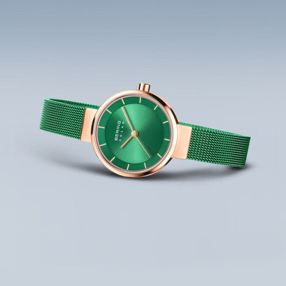 BERING 14627 Charity Green Stainless Steel Mesh Strap Women's Watch - Elegant & Durable Timepiece for Everyday Wear, Office & Special Occasions