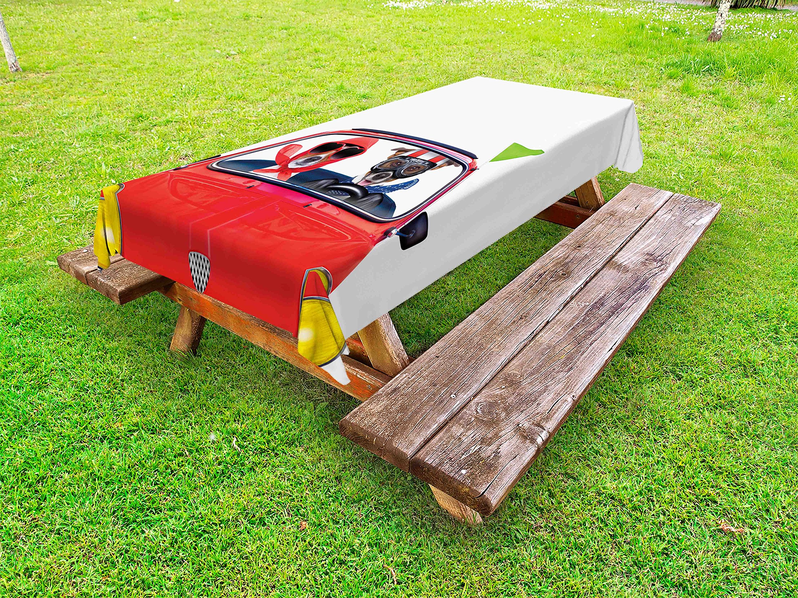 Ambesonne Washable Dog-Themed Picnic Tablecloth - Jack Russell Couple Wedding Car Design, 58x120 Inch Multicolor Outdoor Table Cover for Summer Vacation, Honeymoon, BBQ, Picnic & Patio Decor