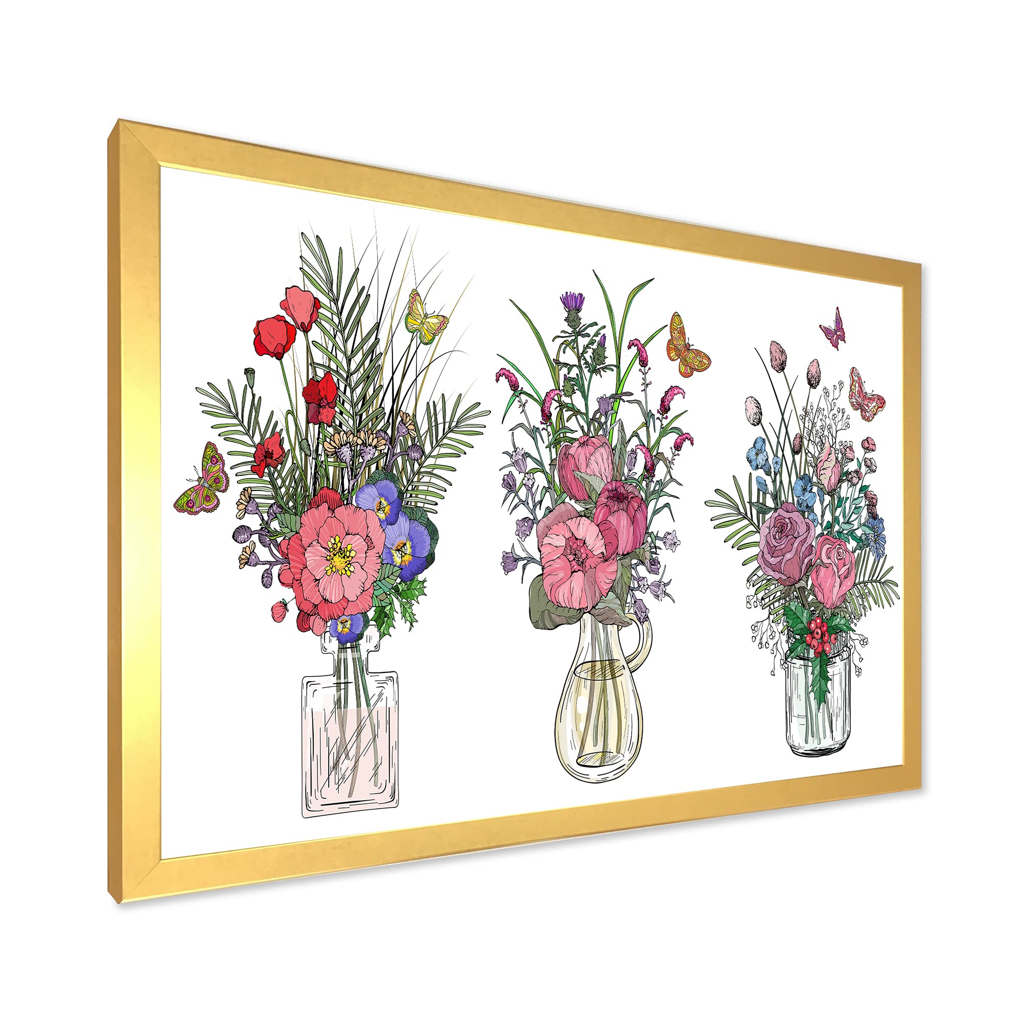 Farmhouse Wildflower Bouquets in Transparent Vases - Rustic Framed Wall Art Decor for Living Room, Bedroom & Kitchen