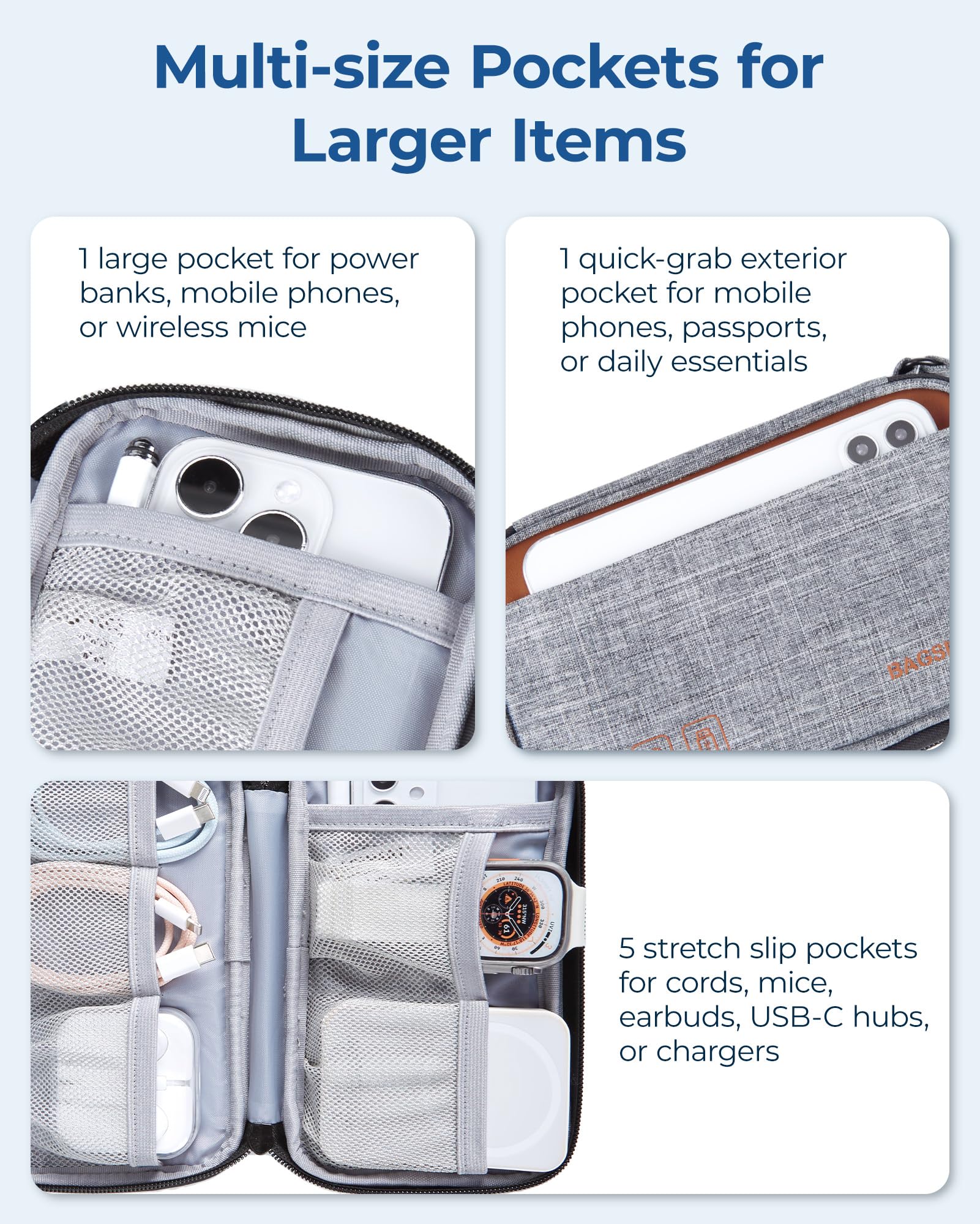 BAGSMART Electronics Organizer Travel Case - Small Cable Organizer Bag for Charger, Phone & Tech Accessories - Gray - Perfect for Business Trips, Vacations & Daily Commute