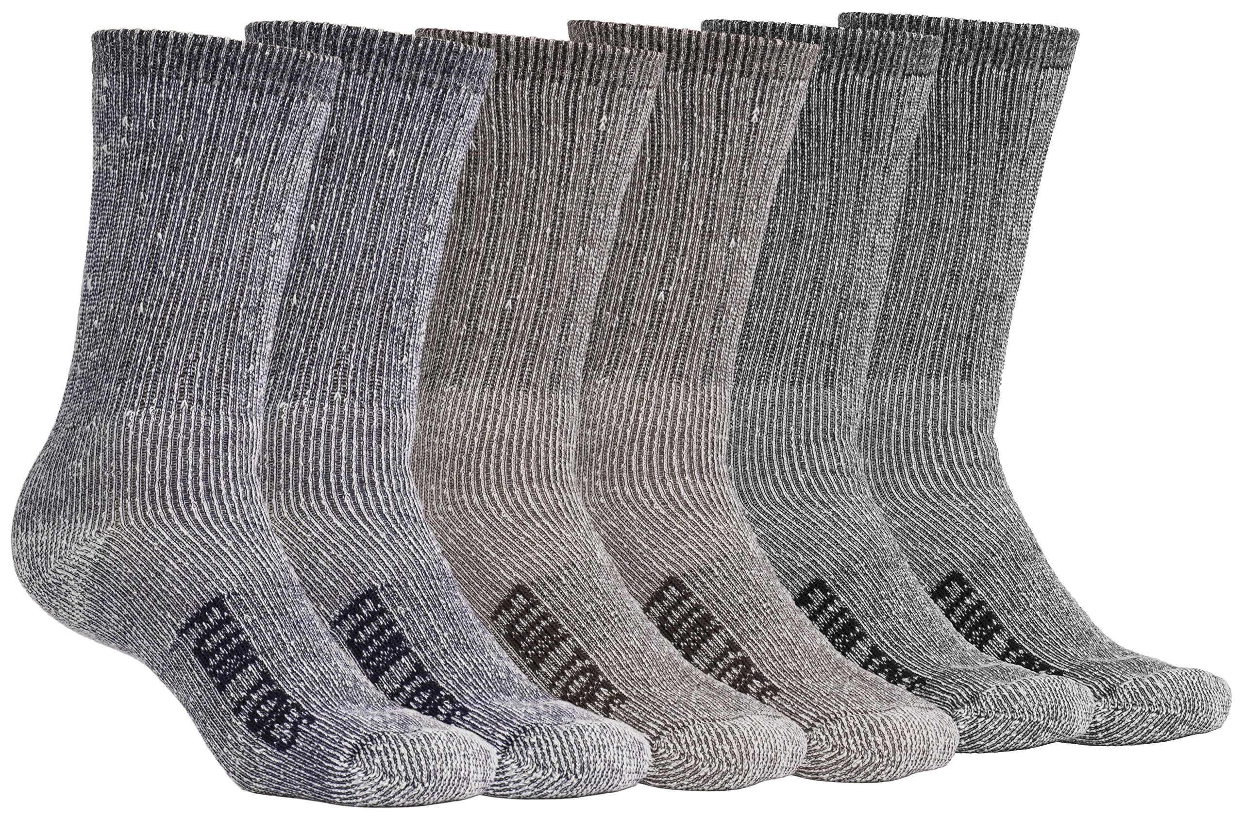 FUN TOES Men's Hiking Crew Socks - 6 Pairs Merino Wool Lightweight & Reinforced (Size 8-12) - Perfect for Outdoor Adventures, Camping & Winter Sports