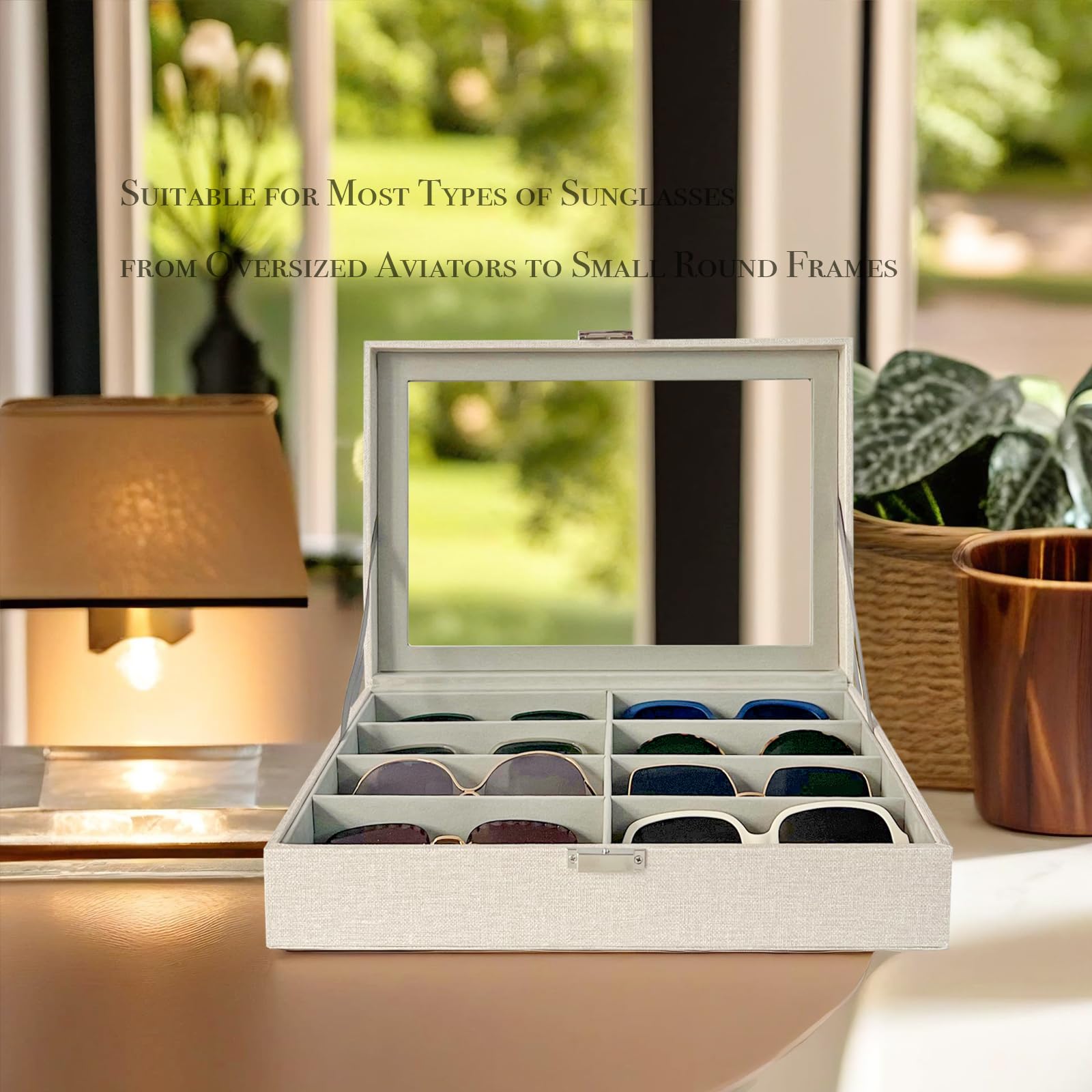 8-Slot Sunglasses Case Organizer - Eyeglass Display Holder & Collector - Multi Sunglasses Storage Case with Beige Faux Leather Liner - Perfect for Travel, Home & Office Organization