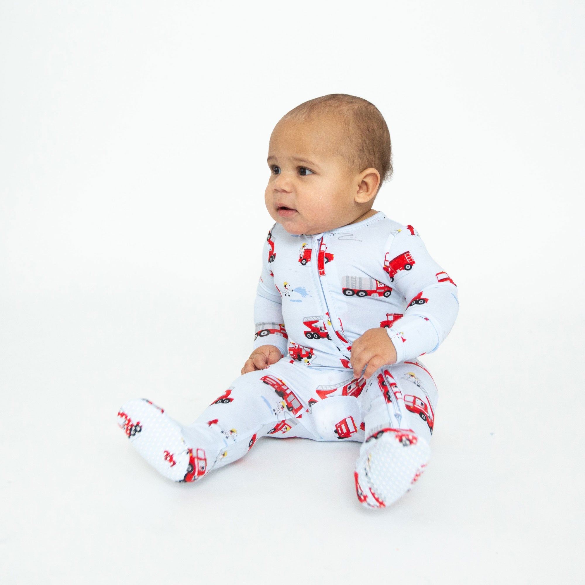 Bamboo 2-Way Zipper Footie Pajamas - Firetruck & Dalmatians Print | Soft & Comfortable Baby Sleepwear for Boys & Girls | Perfect for Bedtime, Lounging & Holiday Gifts