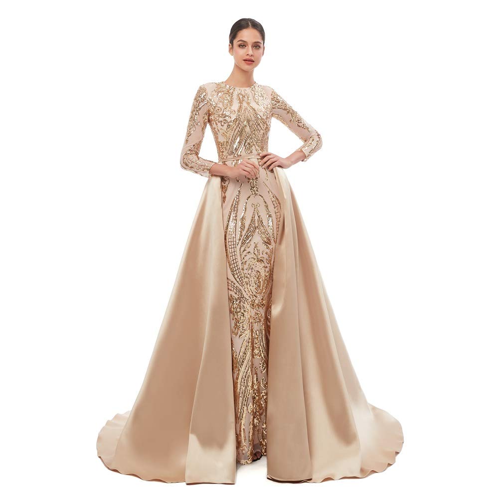 Engerla Women's Detachable Train Mermaid Evening Dress - Long Sleeve Formal Gown for Prom, Party, Wedding & Celebrity Events | Elegant Night Out & Special Occasion Wear