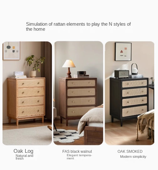 Solid Oak & Black Walnut Wood Cabinet with Rattan Doors - Modern Storage Organizer for Living Room, Bedroom, or Entryway