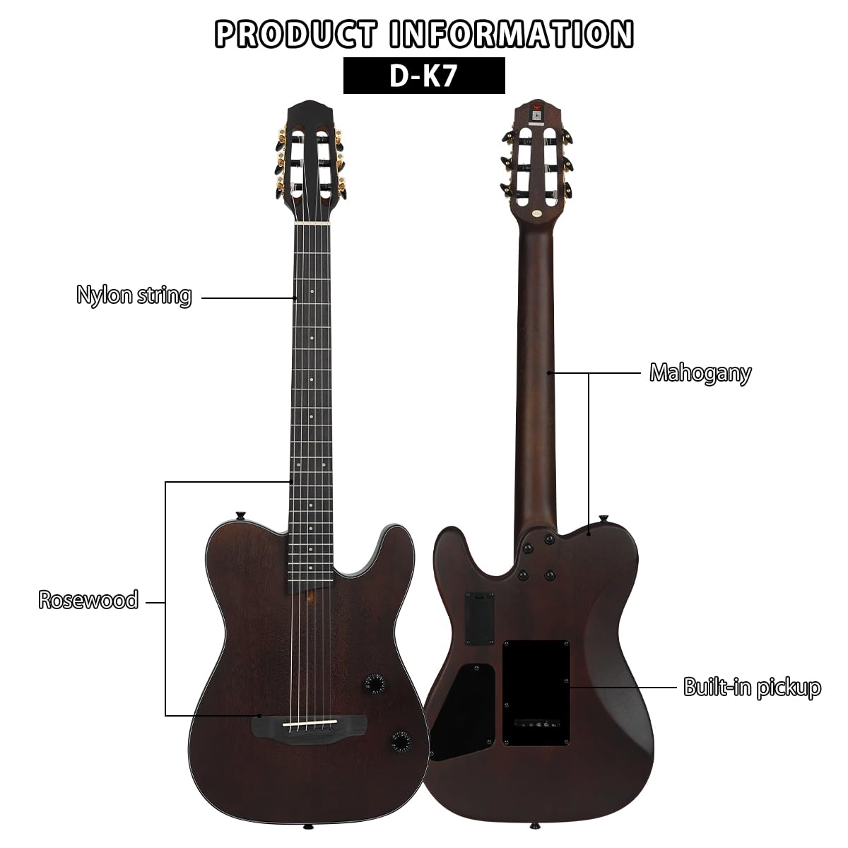 Bullfighter Silent Acoustic Guitar - 6 String Nylon Travel Guitar with Built-in Pickups, Solid Body & Steel Strings - Includes Case, Strap & Strings (Model K7) | Perfect for Travel, Practice & Outdoor Performances