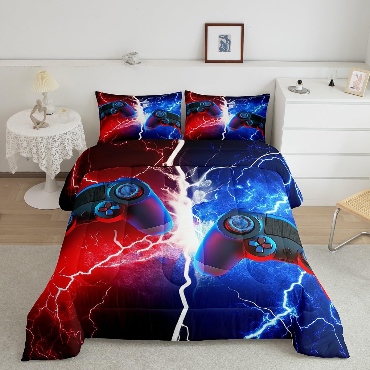Erosebridal Queen Gaming Bedding Set for Boys - Red & Blue Gamer Comforter Set with Toddler & Kids Bedding - Perfect for Teen Bedrooms, Gaming Rooms & Sleepovers