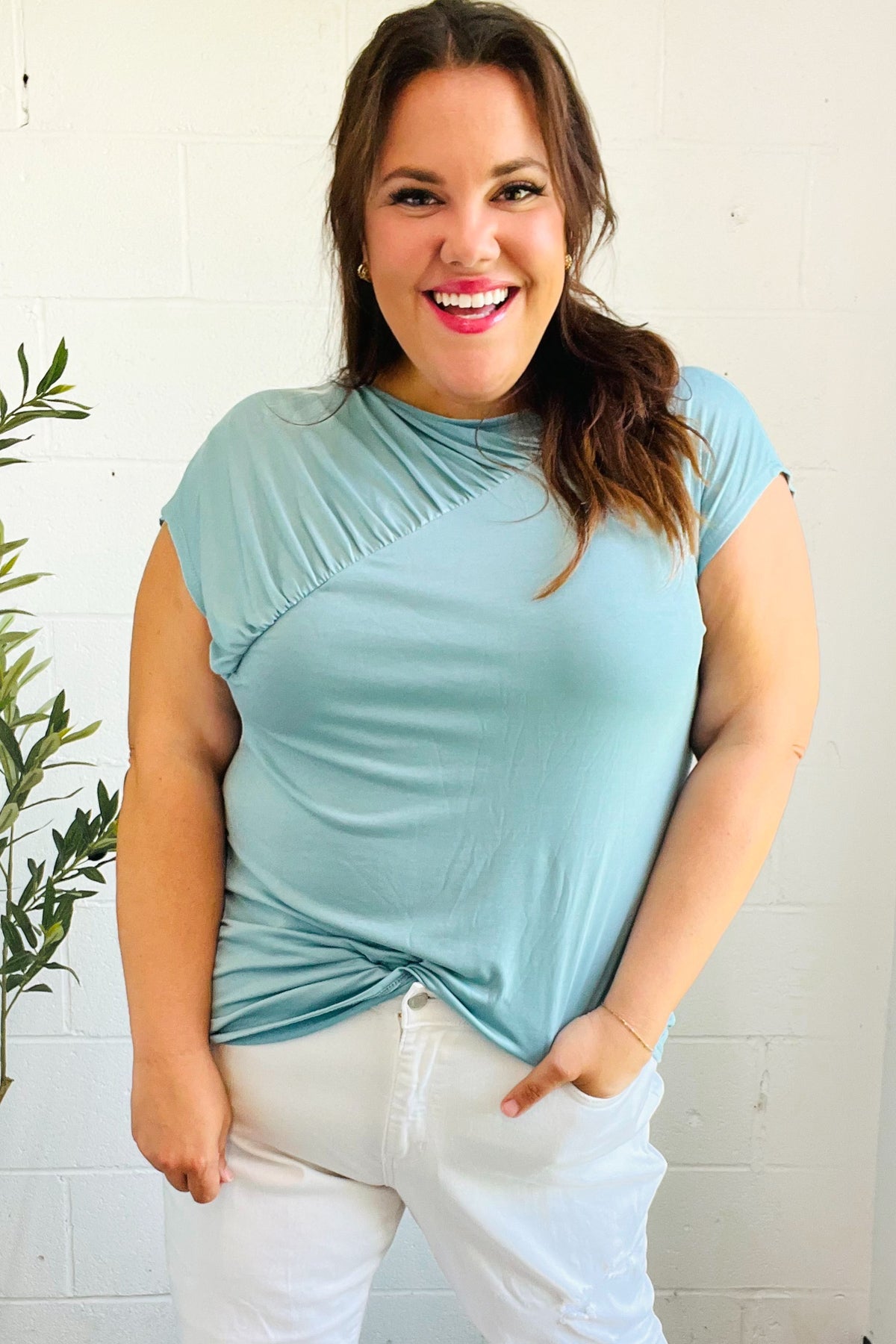 Stylish Aqua Blue Asymmetrical Ruffle Drop Shoulder Modal Blouse for Women | Comfortable & Breathable Summer Top | Perfect for Casual Outings, Beach Vacations & Date Nights