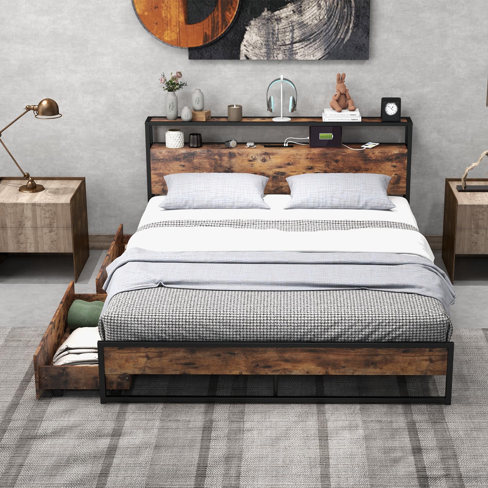 Giantex Queen Bed Frame with 2 Storage Drawers & USB Charging Station, Industrial Metal Platform Bed with 2-Tier Headboard Storage, Rustic Mattress Foundation with Reinforced Slats (No Box Spring Needed) - Perfect for Small Bedrooms, Studio Apartments & Modern Farmhouse Decor