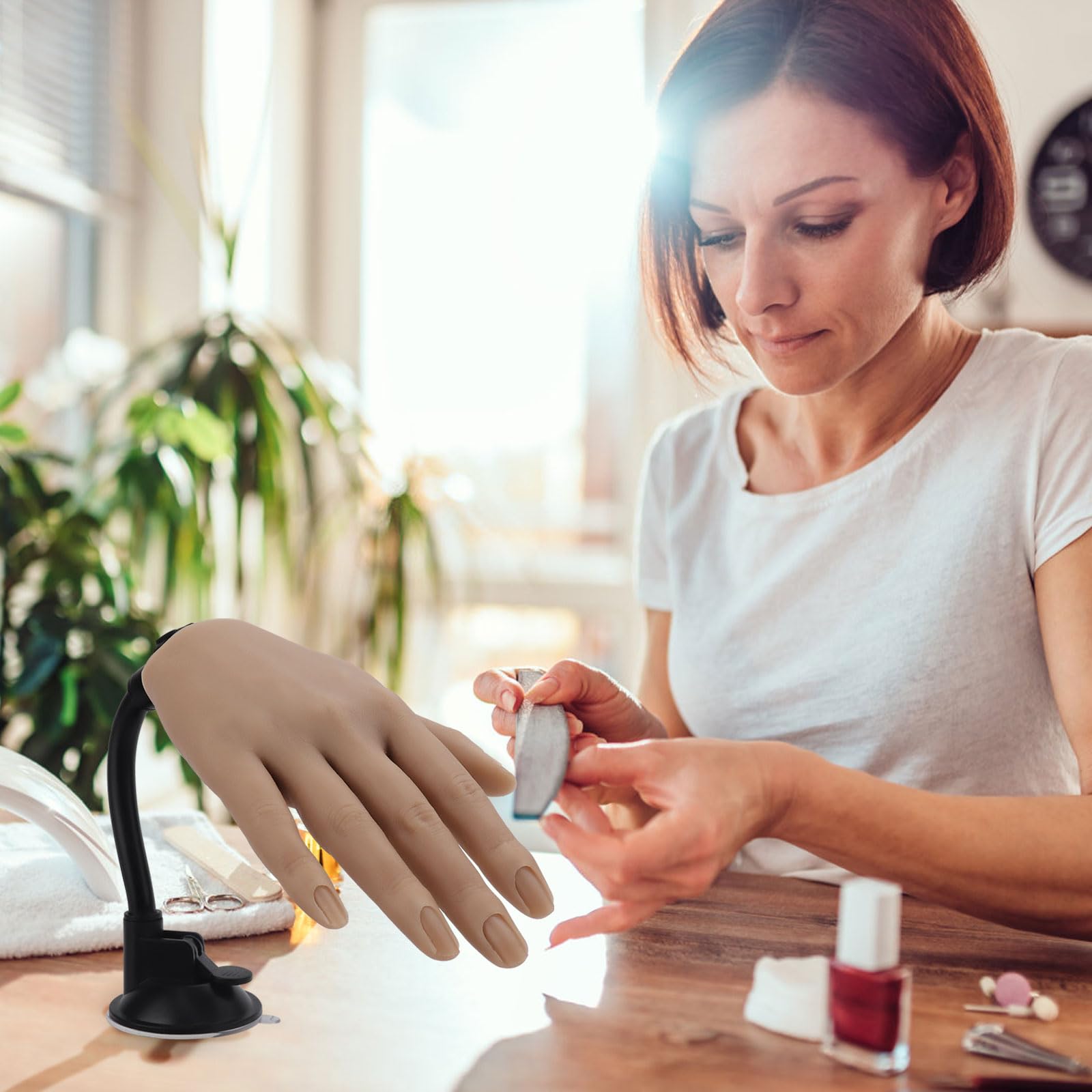 Realistic Silicone Nail Training Hand with Stand - Flexible Bendable Mannequin Hand for Acrylic Nails Practice, DIY Nail Art & Print Training Tool (Left Hand) - Perfect for Salon Professionals & Home Nail Enthusiasts