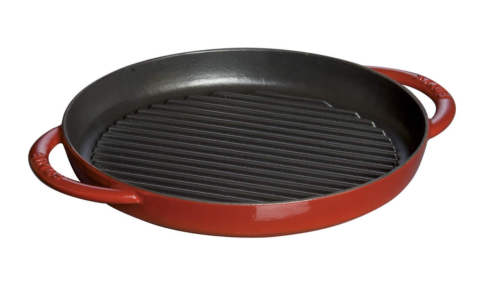 Staub 40510-309 Pure Grill Round Cherry 10.2 Inch (26 cm) Double Handed Cast Iron Enamel Grill Pan - Induction Compatible Grill & Frying Pan for Steak, Vegetables & Outdoor BBQ Cooking