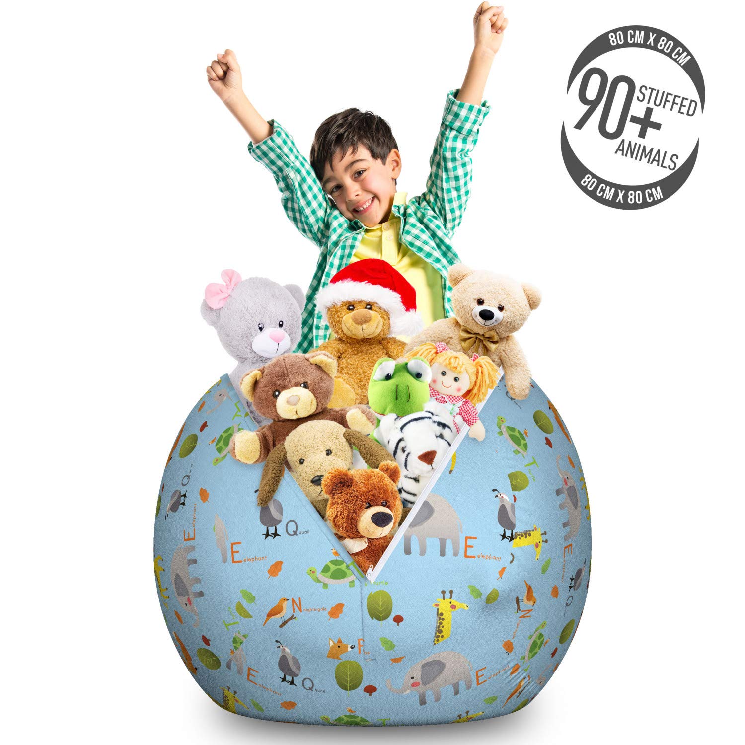 Ambesonne Alphabet Storage Toy Bag Chair - Large Washable Stuffed Animal Organizer with Funny Animal & Tree Letters Pattern in Pale Sky Blue & Multicolor - Perfect for Kids' Room, Playroom & Nursery Organization