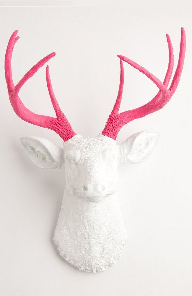 White Faux Deer Head Wall Mount with Pink Antlers - Large Resin Stag Animal Head Decor for Living Room, Bedroom & Office | Boris Collection Home Decor