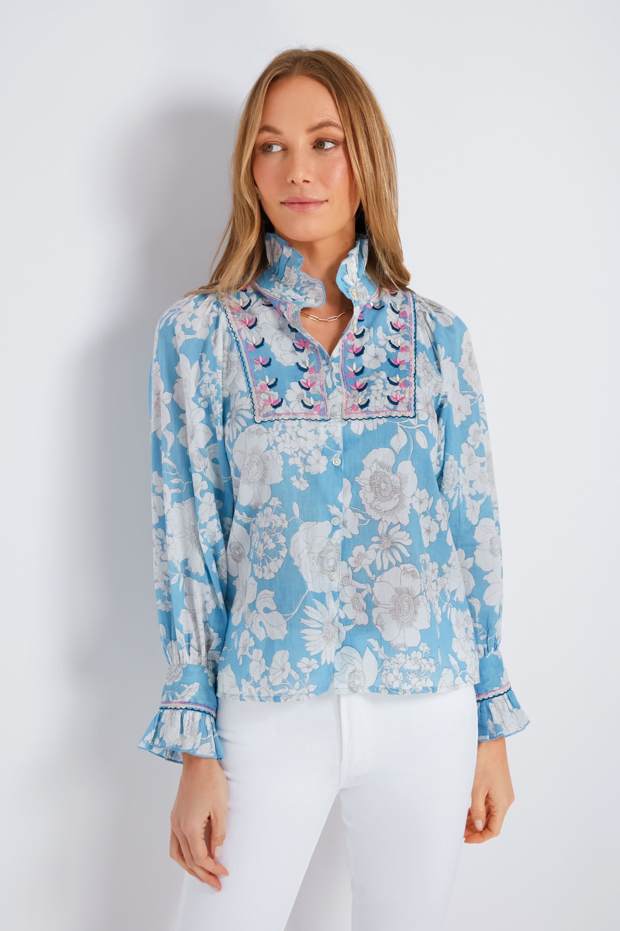 Elegant Blue Peony Blouse for Women - Floral Print Summer Tops - Perfect for Office, Date Night & Casual Outings