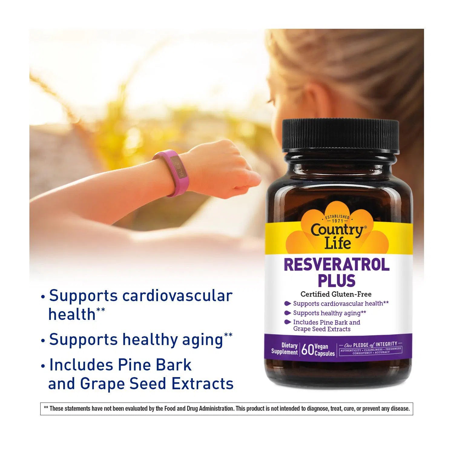 Country Life Resveratrol Plus Supplement - 100mg Antioxidant Support for Heart & Brain Health - Vegan, Non-GMO - Supports Healthy Aging & Cellular Function - Perfect for Daily Wellness Routine & Anti-Aging Regimen