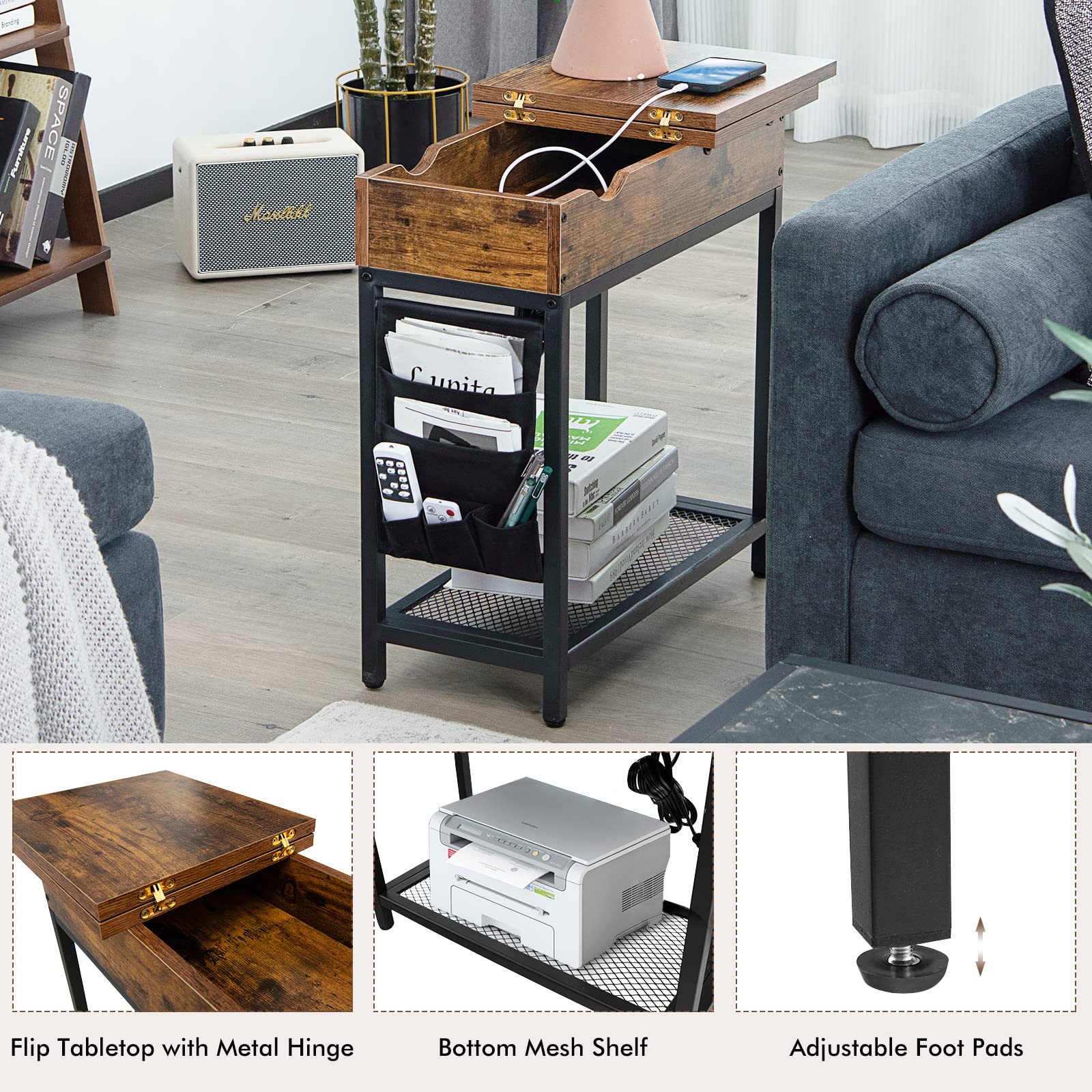 Tangkula Flip Top Side Table with Charging Station - USB Ports & Outlets, Narrow End Table with Fabric Storage Bags - Industrial Nightstand for Small Spaces (Rustic Brown, 2-Pack) | Perfect for Living Room, Bedroom & Dorm Organization