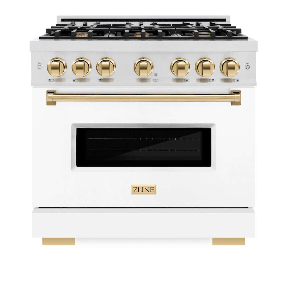 ZLINE Autograph Edition 36 Inch 5.2 Cu Ft Classic Gas Range - 6 Burner Cooktop & Convection Gas Oven - Satin Stainless Steel with White Matte Door & Polished Gold Accents (CGRSZ WM 36 G) - Perfect for Modern Kitchens & Professional Cooking