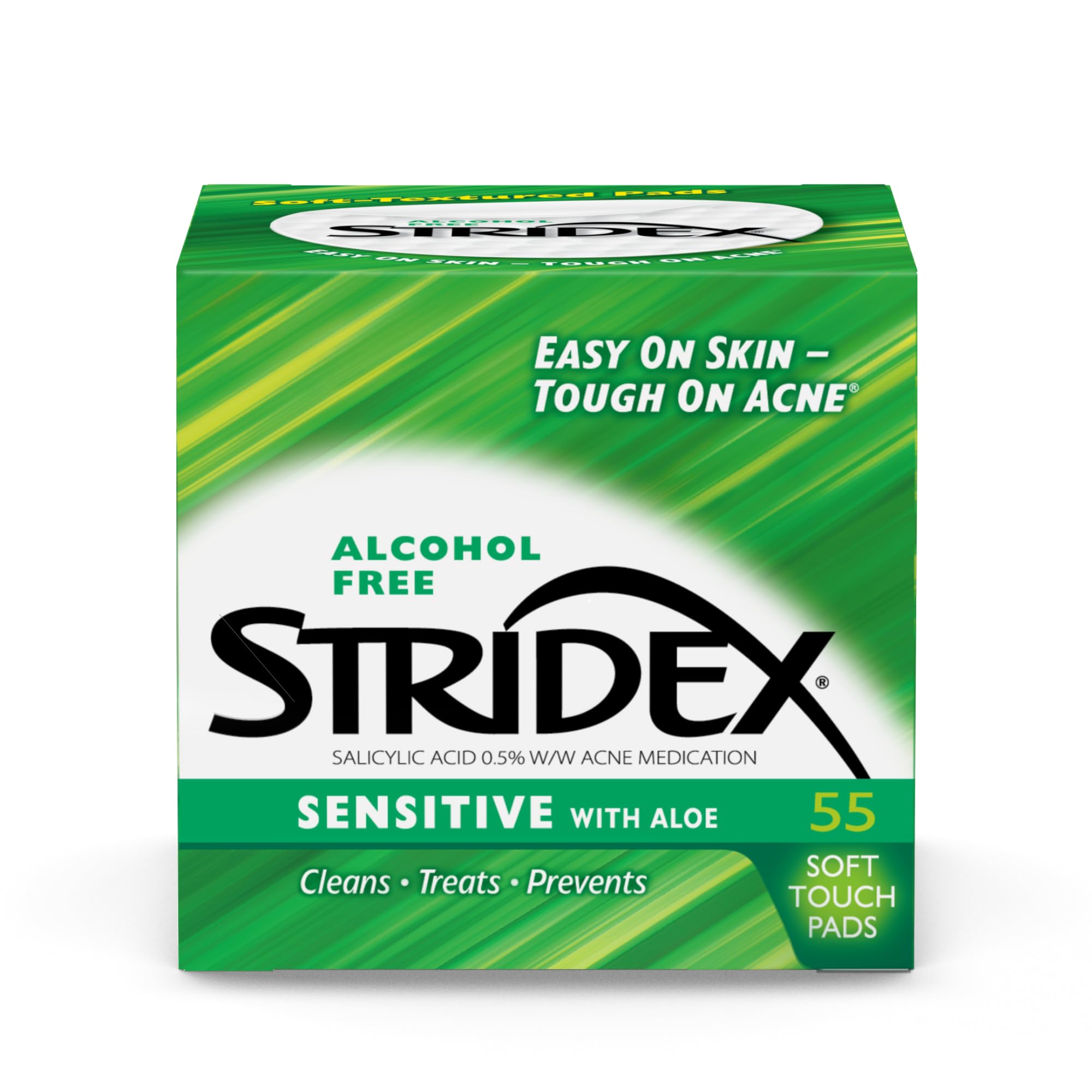 Stridex Medicated Acne Pads for Sensitive Skin - 55 Count Alcohol-Free Facial Cleansing Wipes, Mild to Moderate Acne Treatment with Smooth Application - Perfect for Daily Skincare Routine & On-the-Go Use