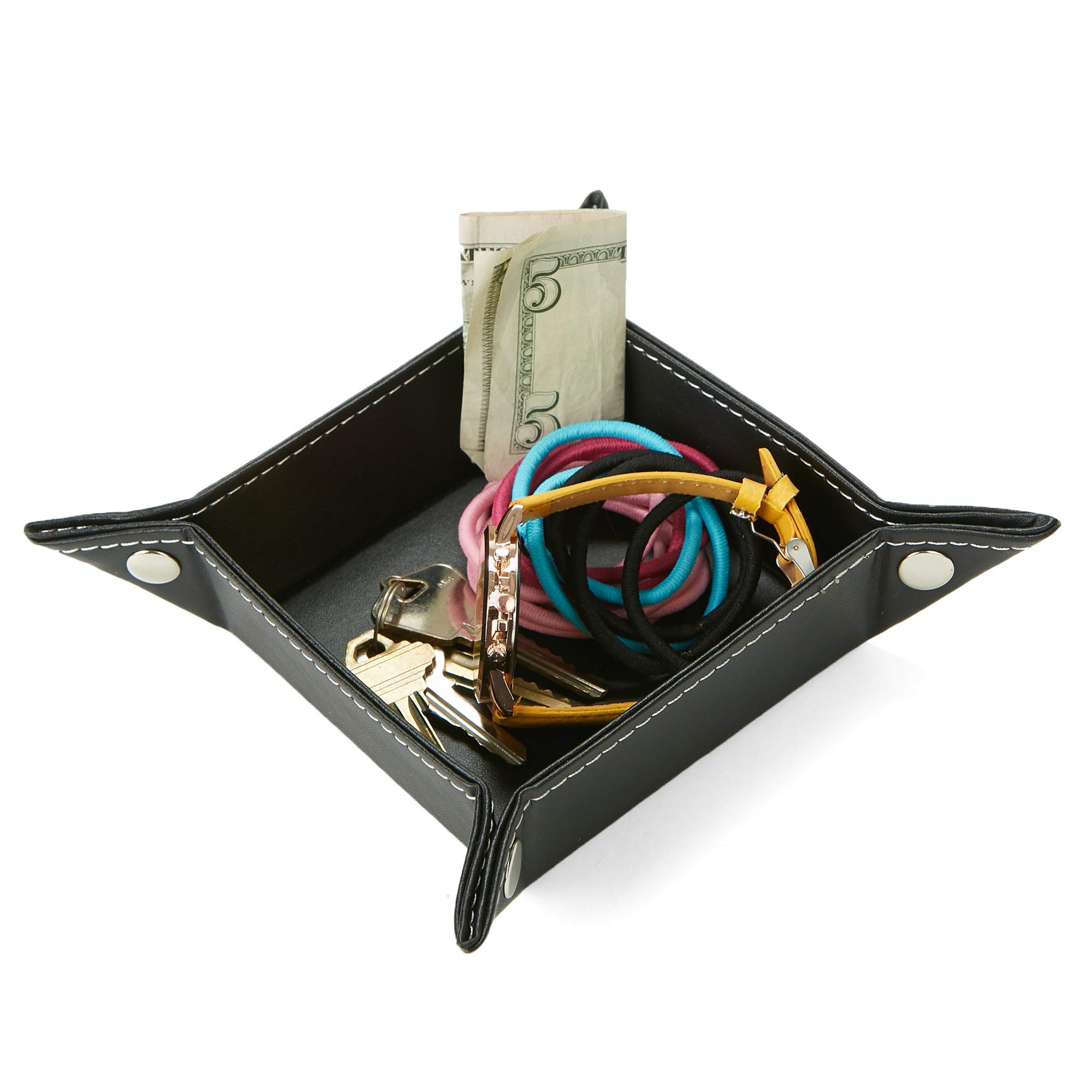 Mind Reader CATCH2-BLK Black Leather Jewelry Organizer Tray - Perfect for Rings, Watches, Coins, Wallets & Candy Storage | Elegant Home & Travel Accessory Organizer Box