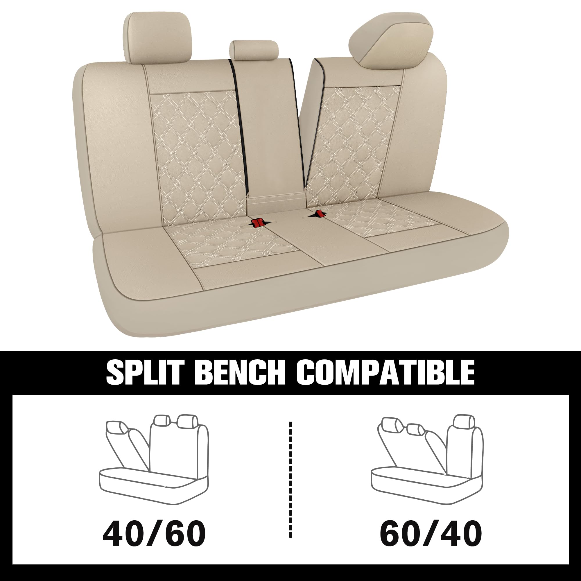 Premium PU Leather Car Seat Covers Full Set - Waterproof Universal Fit for Sedans, SUVs & Trucks (Beige/Beige Line) | Split Bench Design | Perfect for Daily Commute, Road Trips & Vehicle Protection