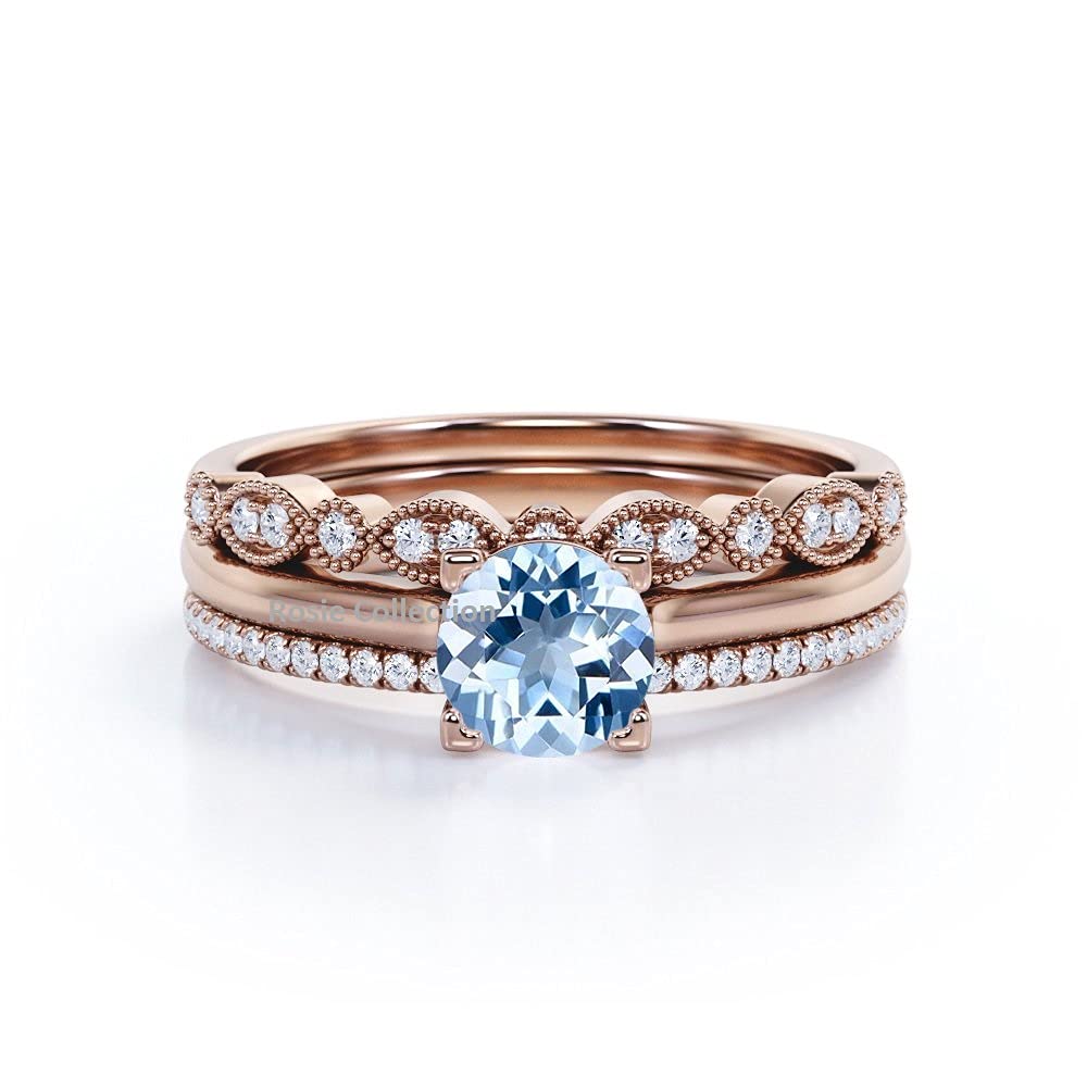 14K Rose Gold Plated 925 Sterling Silver Wedding Band Ring Set - Millgrain Engraved Bridal Jewelry Trio for Women, Perfect for Engagement, Anniversary & Special Occasion Gifts