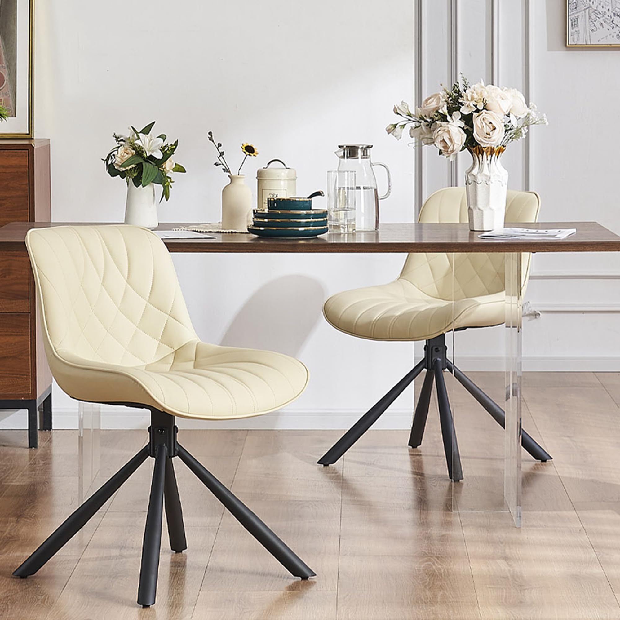 YOUNUOKE Mid Century Modern Dining Chairs Set of 2 - Upholstered Faux Leather Kitchen Chairs with Sturdy Metal Legs, Beige - Perfect for Dining Room, Kitchen, Restaurant & Home Decor