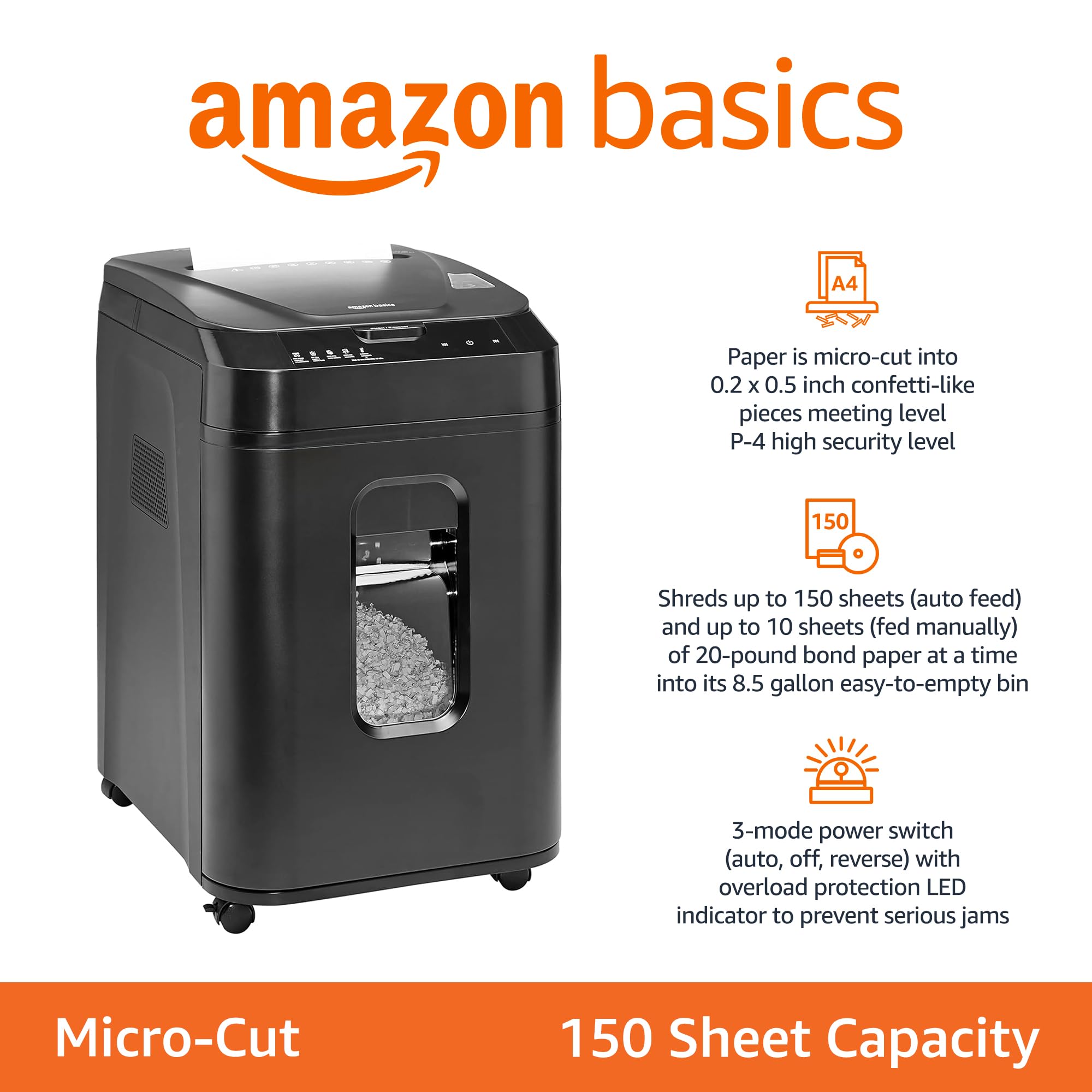 Amazon Basics 150-Sheet Autofeed Micro-Cut Paper Shredder & Multipurpose Copy Printer Paper, 8.5 x 11 Inch 20Lb - 8 Ream Case (4,000 Sheets), 92 GE Bright White for Office, Home & School Use