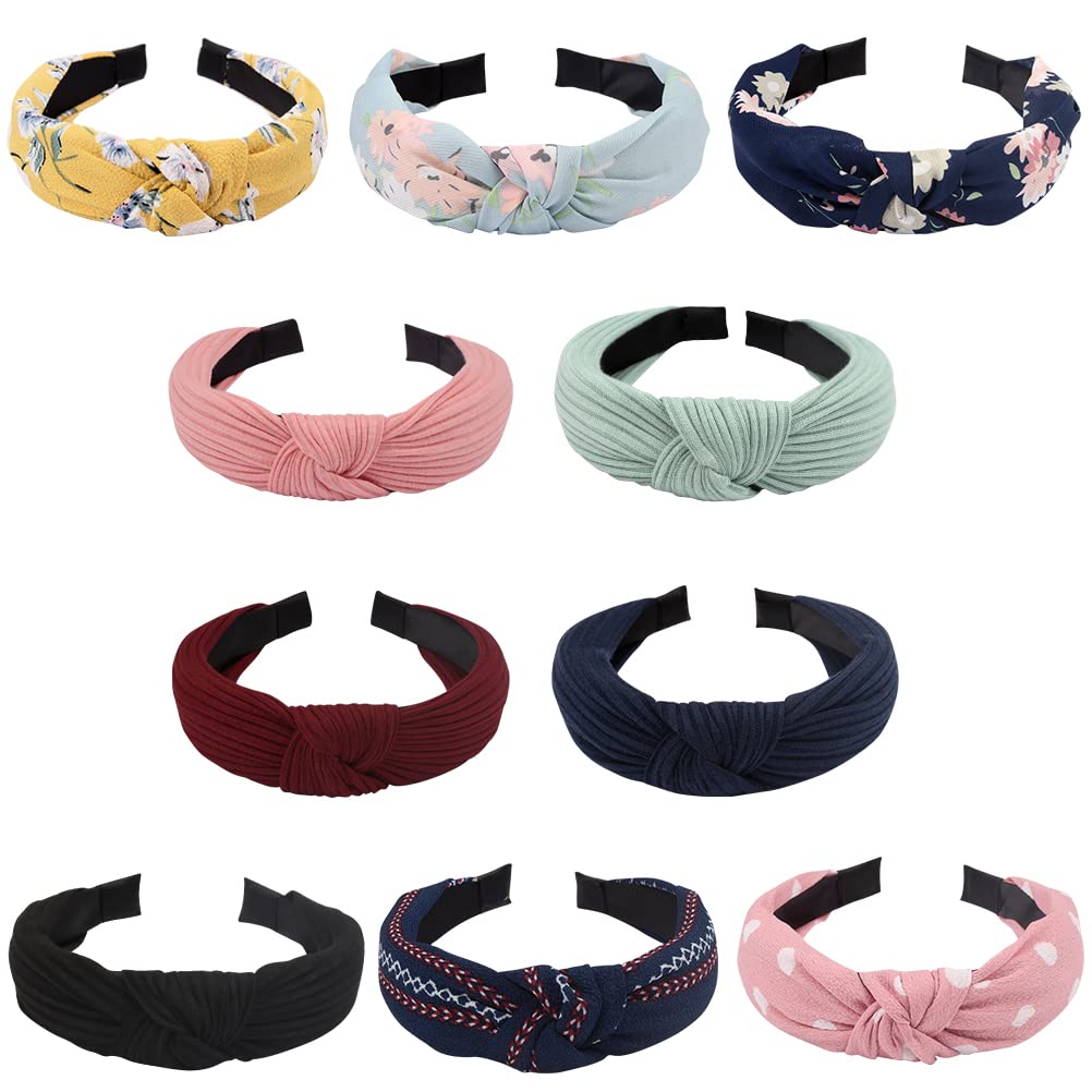 TOBATOBA 10 Pack Women's Wide Headbands - 5 Solid Colors & 5 Floral Patterns - Stretchy Yoga Headbands, Turban Twist Headwraps for Workouts, Running, Gym, Sports and Everyday Fashion Accessories
