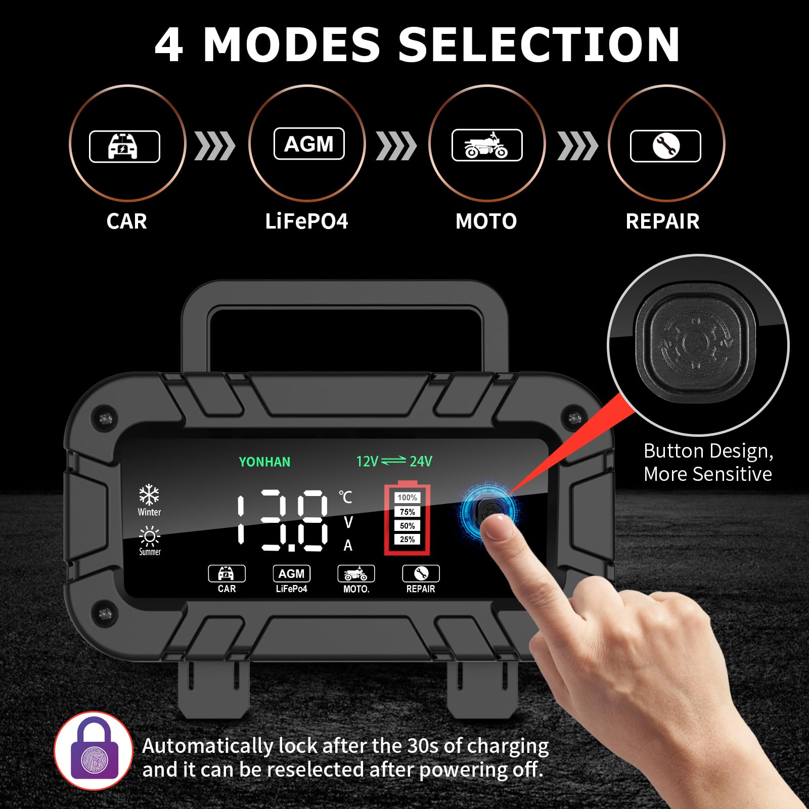 YONHAN 12V/24V Smart Battery Charger 0-10 Amp - Fully Automatic LiFePO4 & Lead Acid Car Battery Charger with Large LCD Display - Portable Automotive Trickle Charger & Maintainer - Perfect for Cars, Trucks, Boats, Motorcycles & RV Battery Maintenance