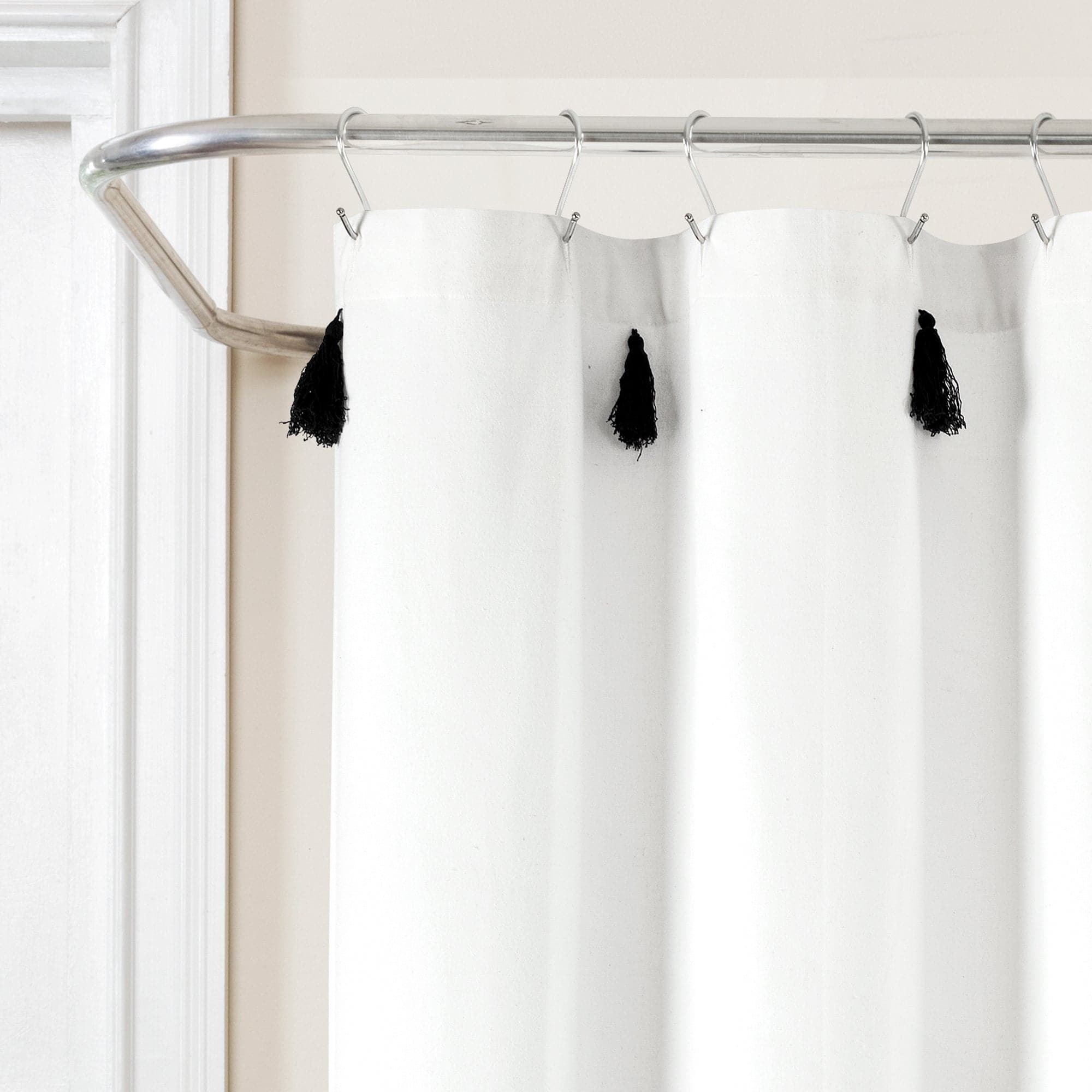 Boho Tassel Stripe Shower Curtain - Eco-Friendly Recycled Cotton Blend, Hand-Dyed Yarn, Waterproof Bathroom Decor for Boho Chic, Farmhouse or Coastal Style Homes