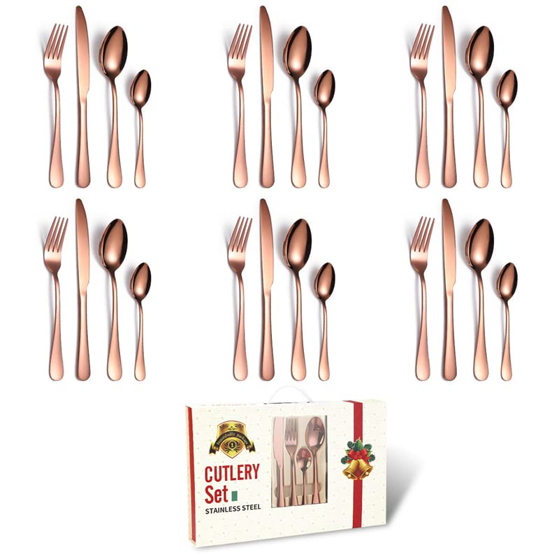 24-Piece Stainless Steel Silverware Flatware Set - Rose Gold Luxury Cutlery (Forks, Spoons, Knives) - Dishwasher Safe Dinnerware for Christmas, Thanksgiving & Formal Dining