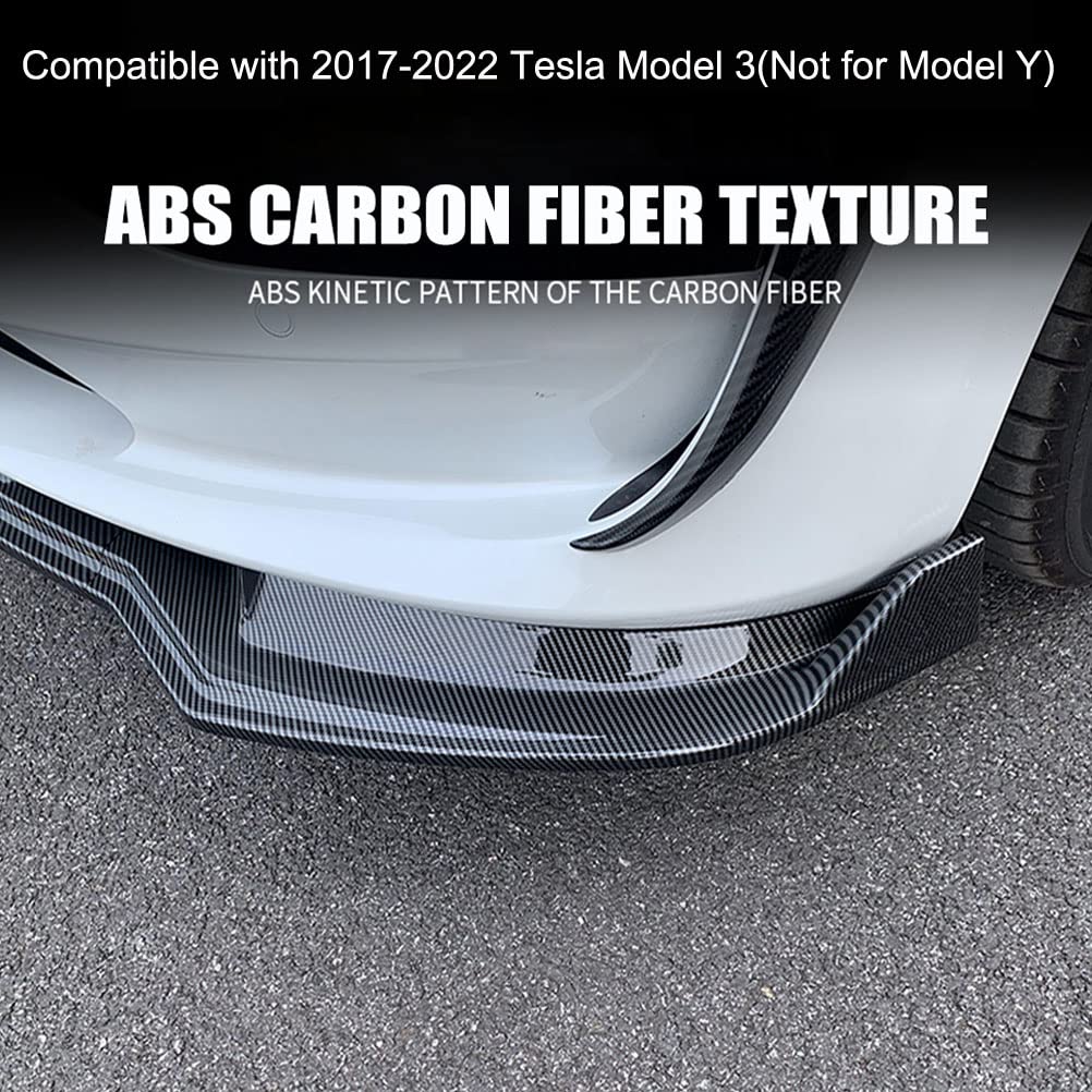 2017-2023 Tesla Model 3 Front Bumper Lip Spoiler - ABS Gloss Carbon Fiber Chin Splitter Protector | Enhances Aerodynamics & Sporty Look | Perfect for Car Enthusiasts & Performance Upgrades
