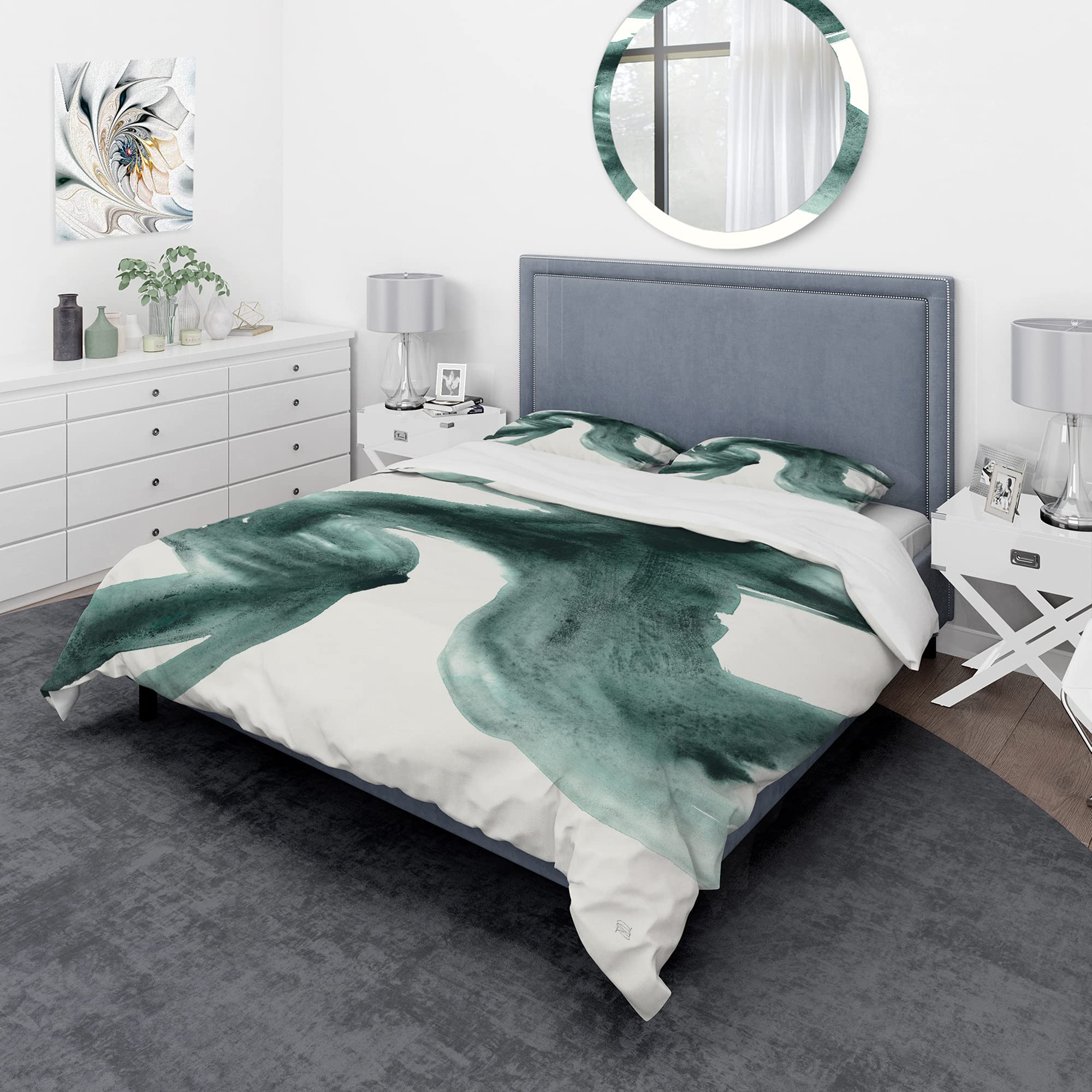 DesignQ Gouache Green on Gray II Modern & Contemporary Duvet Cover Set - Twin Size Green Abstract Bedding (3-Piece) - All Season Comfort for Contemporary Bedrooms - Perfect for Guest Rooms, Dorms & Modern Home Decor