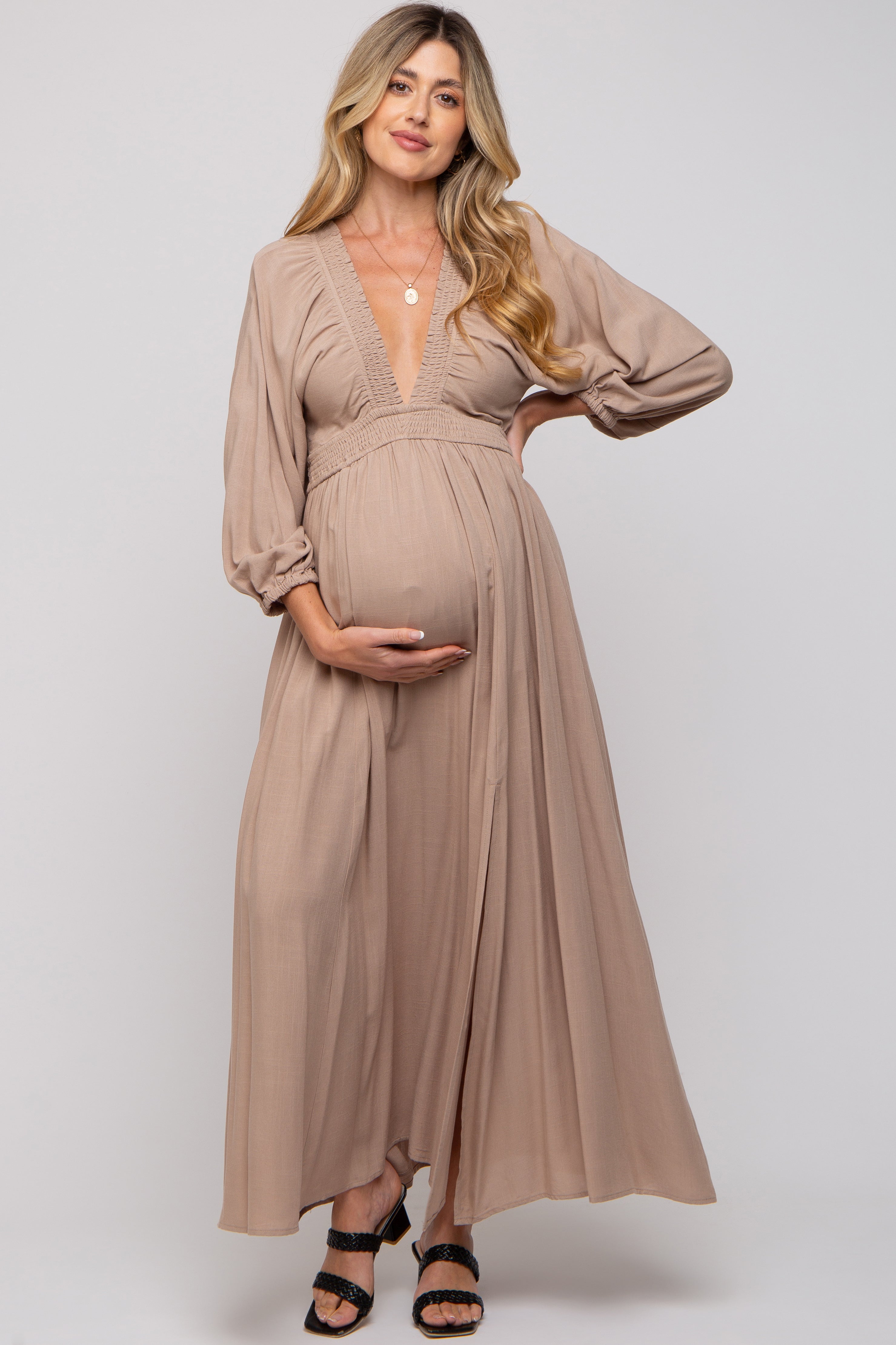 Beige Deep V Neck Smocked Waist Maternity Maxi Dress for Pregnancy - Comfortable Stretchy Flowy Long Dress for Baby Shower, Maternity Photo Shoot, Summer Vacation & Special Occasions