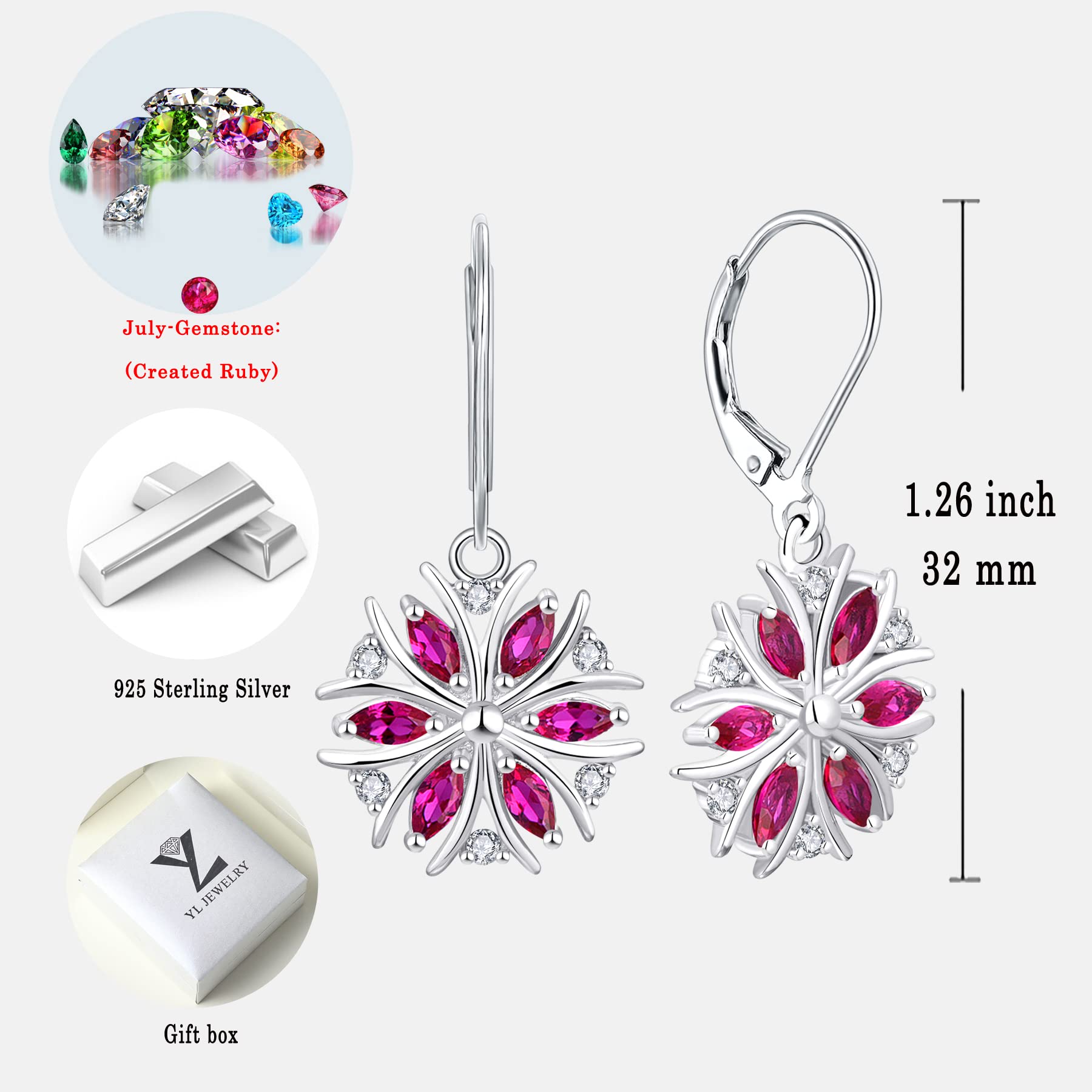 YL Sterling Silver Snowflake Dangle Earrings with Birthstone - Elegant Drop Leverback Jewelry for Women - Perfect for Christmas, Winter Parties & Holiday Gifts